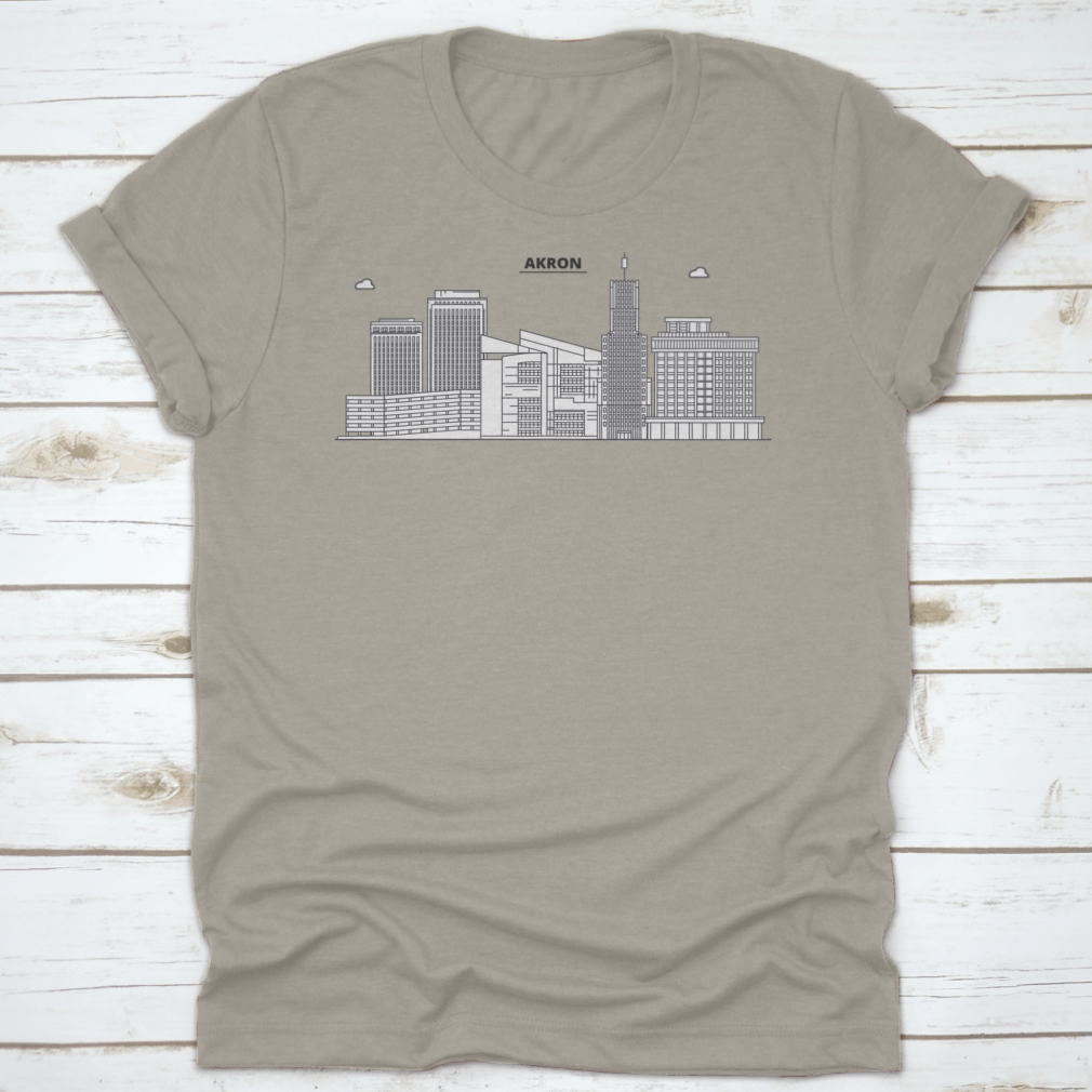 Akron Line City Skyline Design T-Shirt showcasing a stylish skyline illustration, made from 100% cotton for comfort.