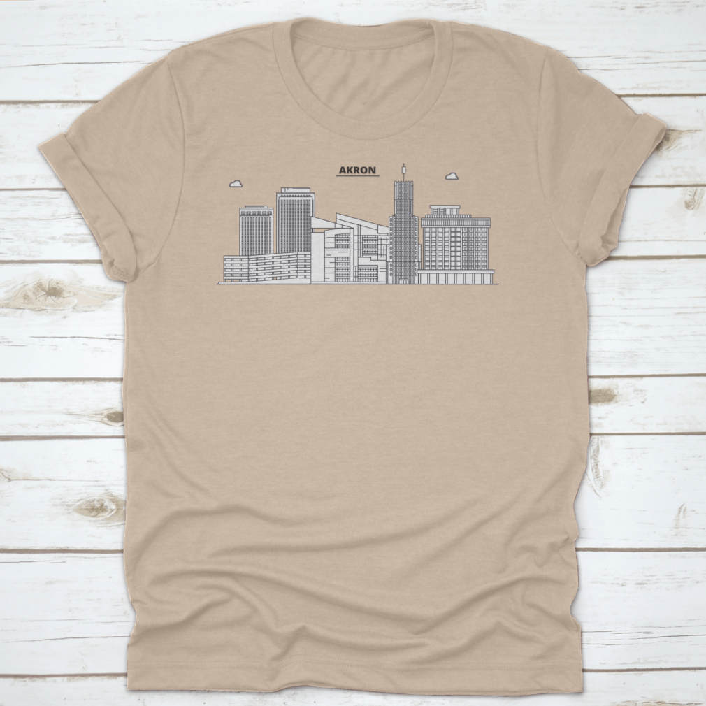 Akron Line City Skyline Design T-Shirt showcasing a stylish skyline illustration, made from 100% cotton for comfort.