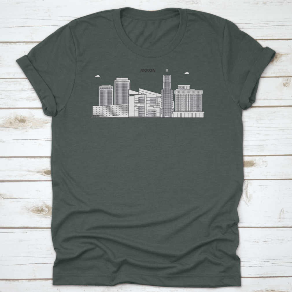 Akron Line City Skyline Design T-Shirt showcasing a stylish skyline illustration, made from 100% cotton for comfort.