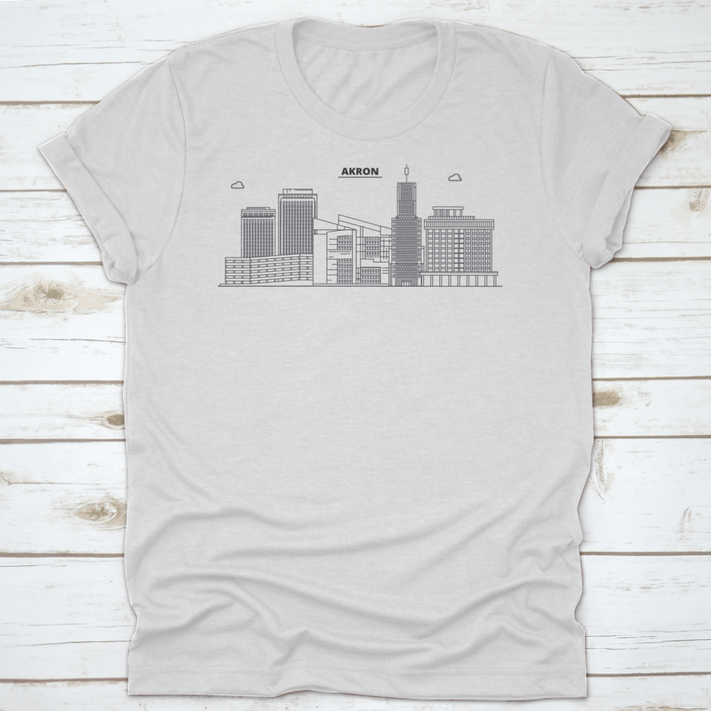 Akron Line City Skyline Design T-Shirt showcasing a stylish skyline illustration, made from 100% cotton for comfort.