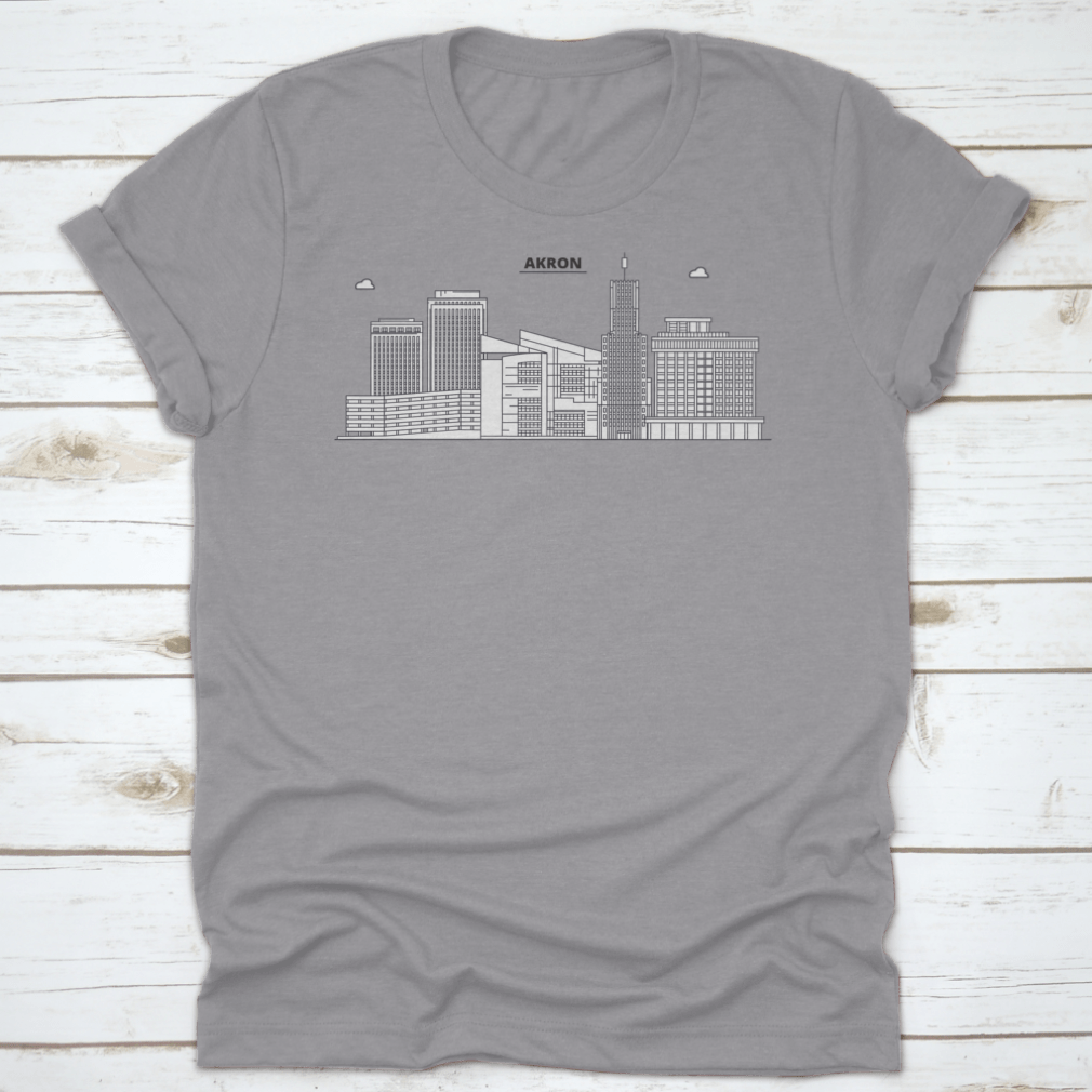 Akron Line City Skyline Design T-Shirt showcasing a stylish skyline illustration, made from 100% cotton for comfort.