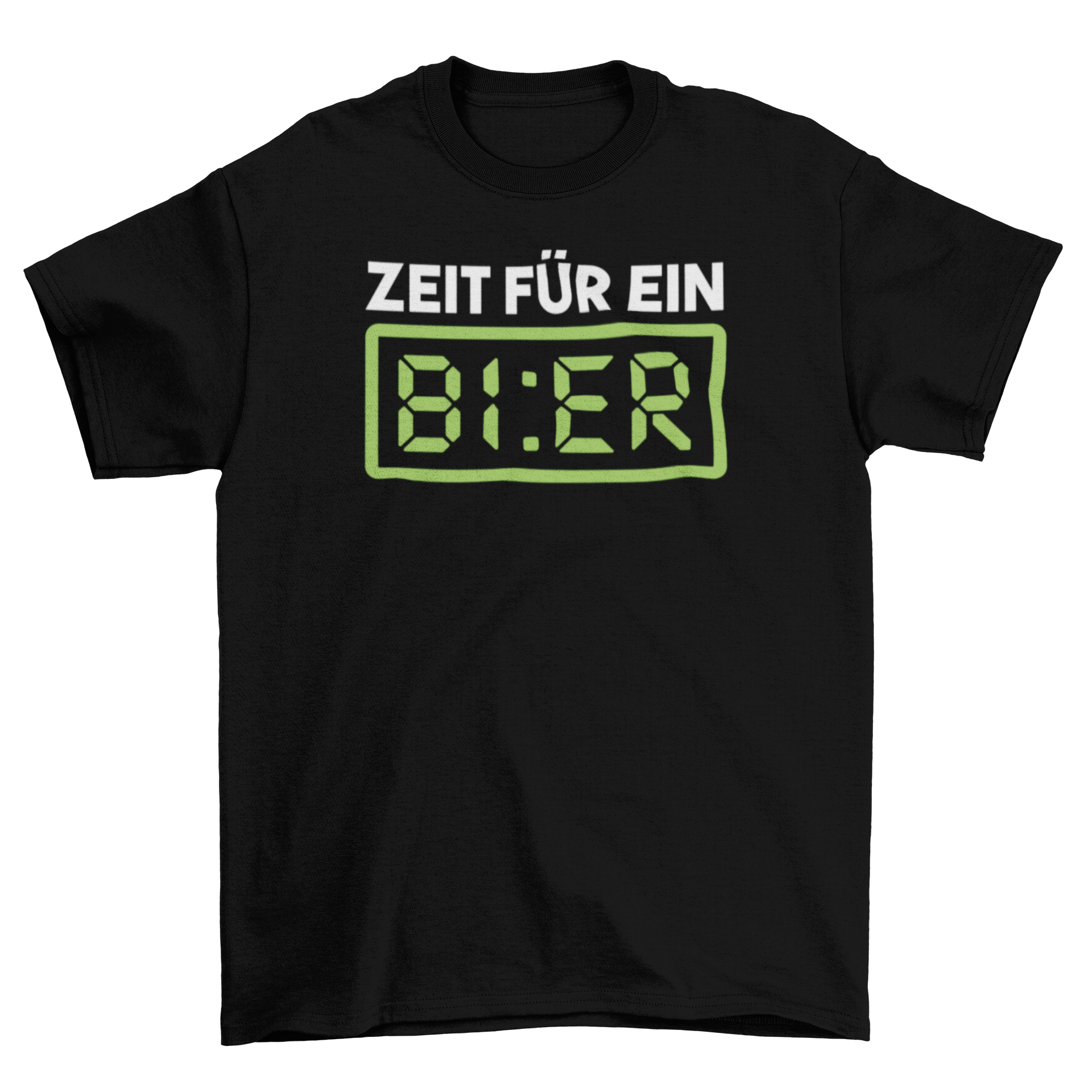 Funny t-shirt featuring an alarm clock and German quote about beer time.