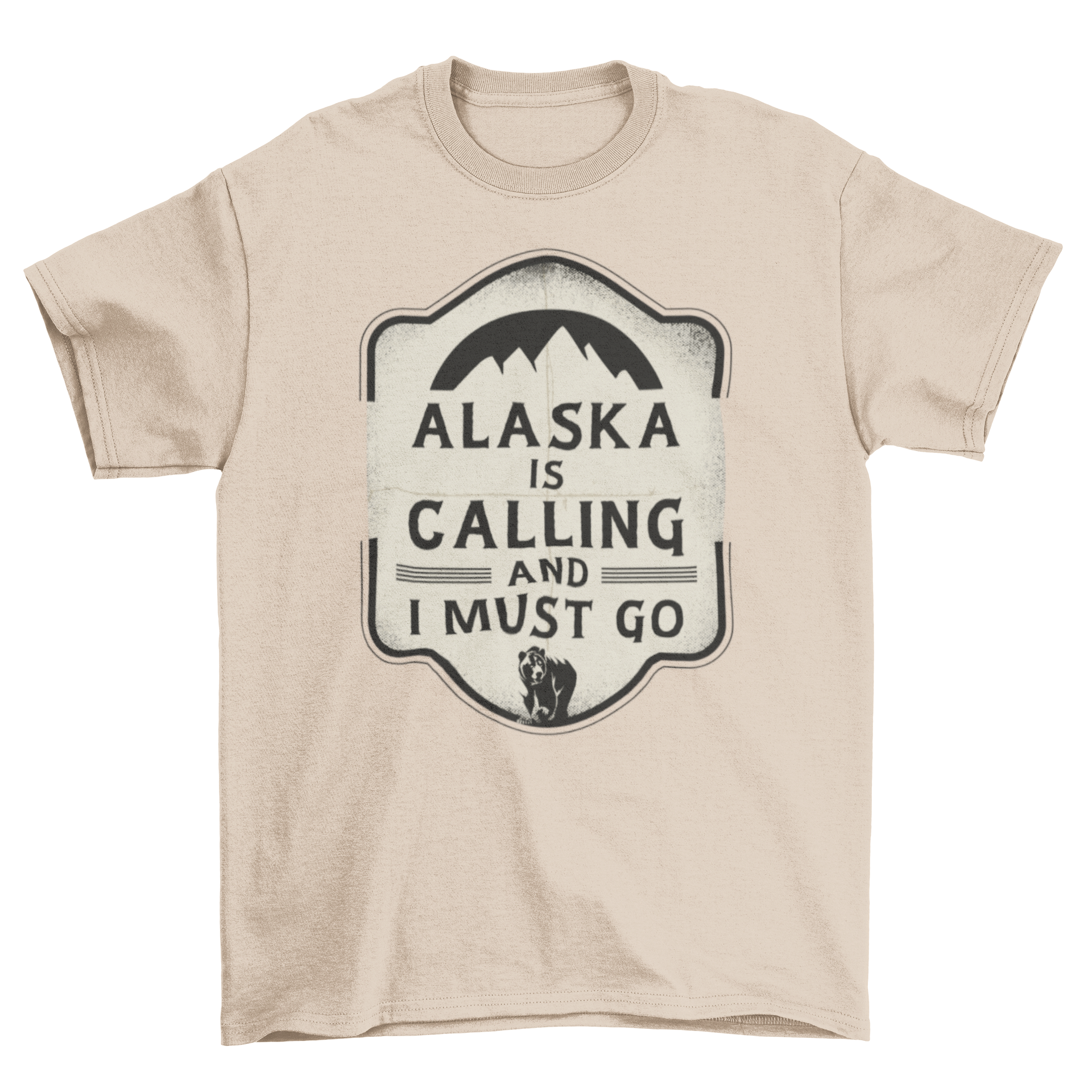 A stylish t-shirt featuring the quote 'Alaska is calling and I must go', perfect for outdoor enthusiasts.