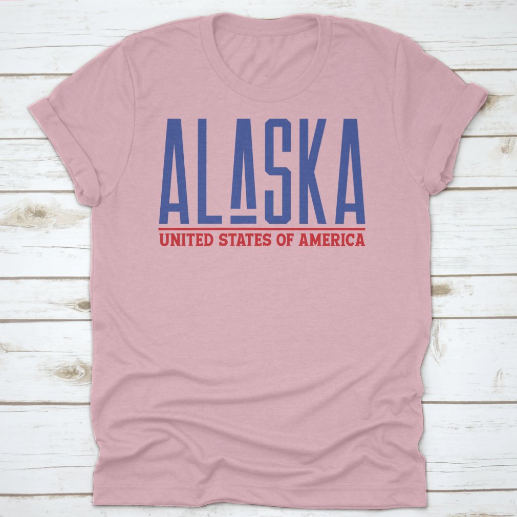 Alaska Modern Name Vector Graphic Shirt displayed on a hanger, showcasing its unique design and quality fabric.