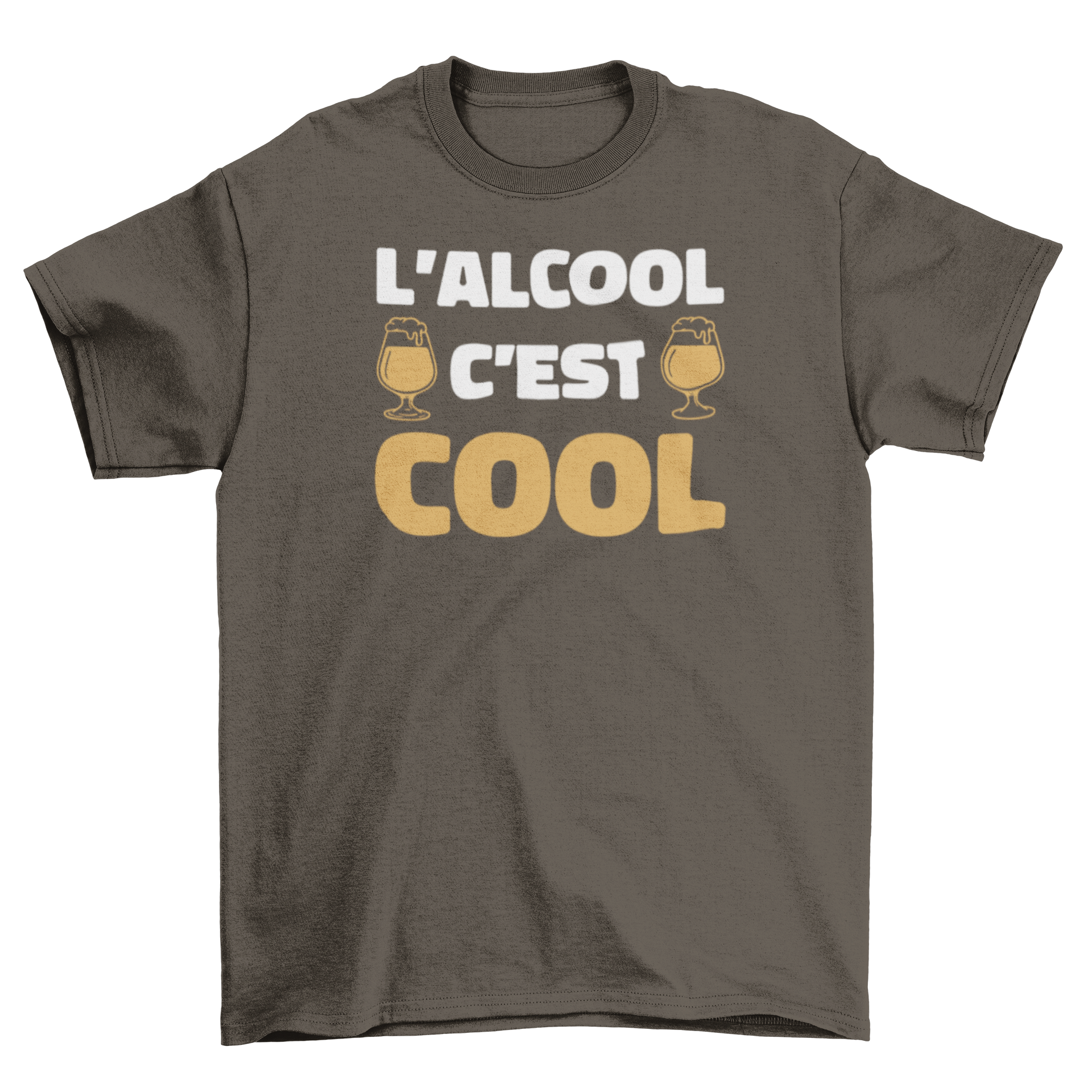 Funny t-shirt design featuring the French quote 'Alcohol is cool' in stylish font.