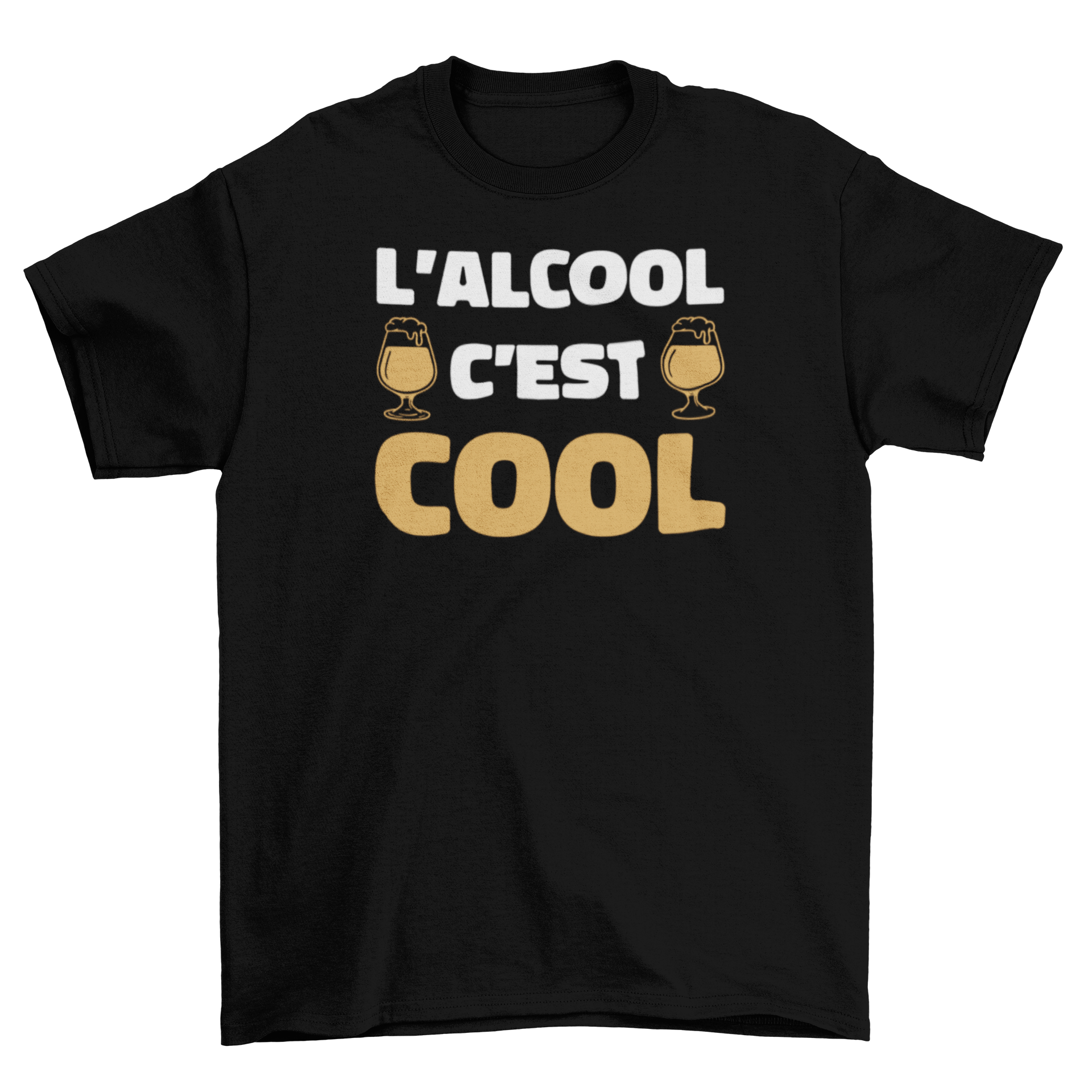 Funny t-shirt design featuring the French quote 'Alcohol is cool' in stylish font.