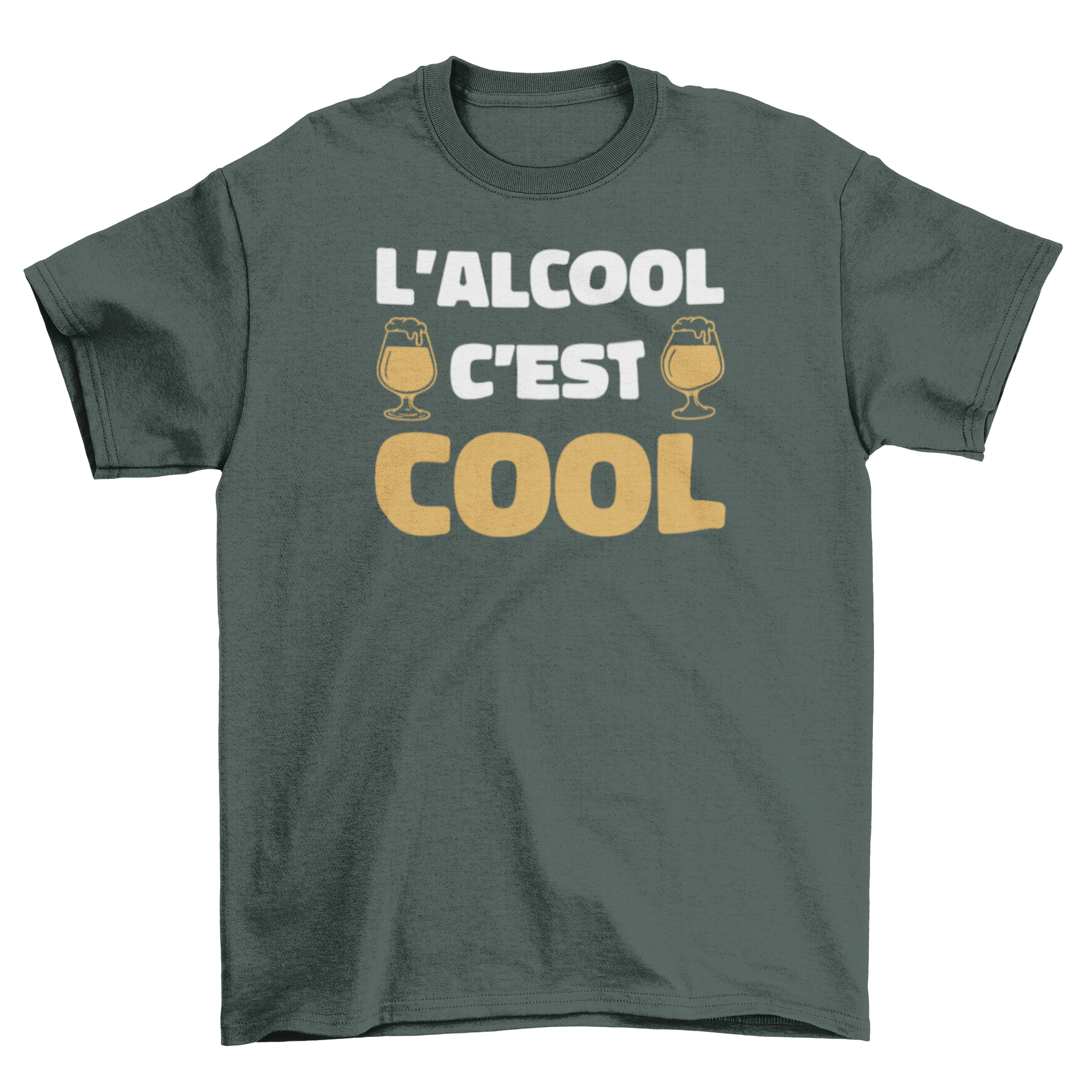 Funny t-shirt design featuring the French quote 'Alcohol is cool' in stylish font.