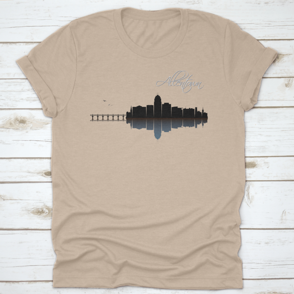 Allentown Skyline t-shirt featuring a classic fit and midweight fabric, showcasing the beautiful skyline of Allentown, Pennsylvania.