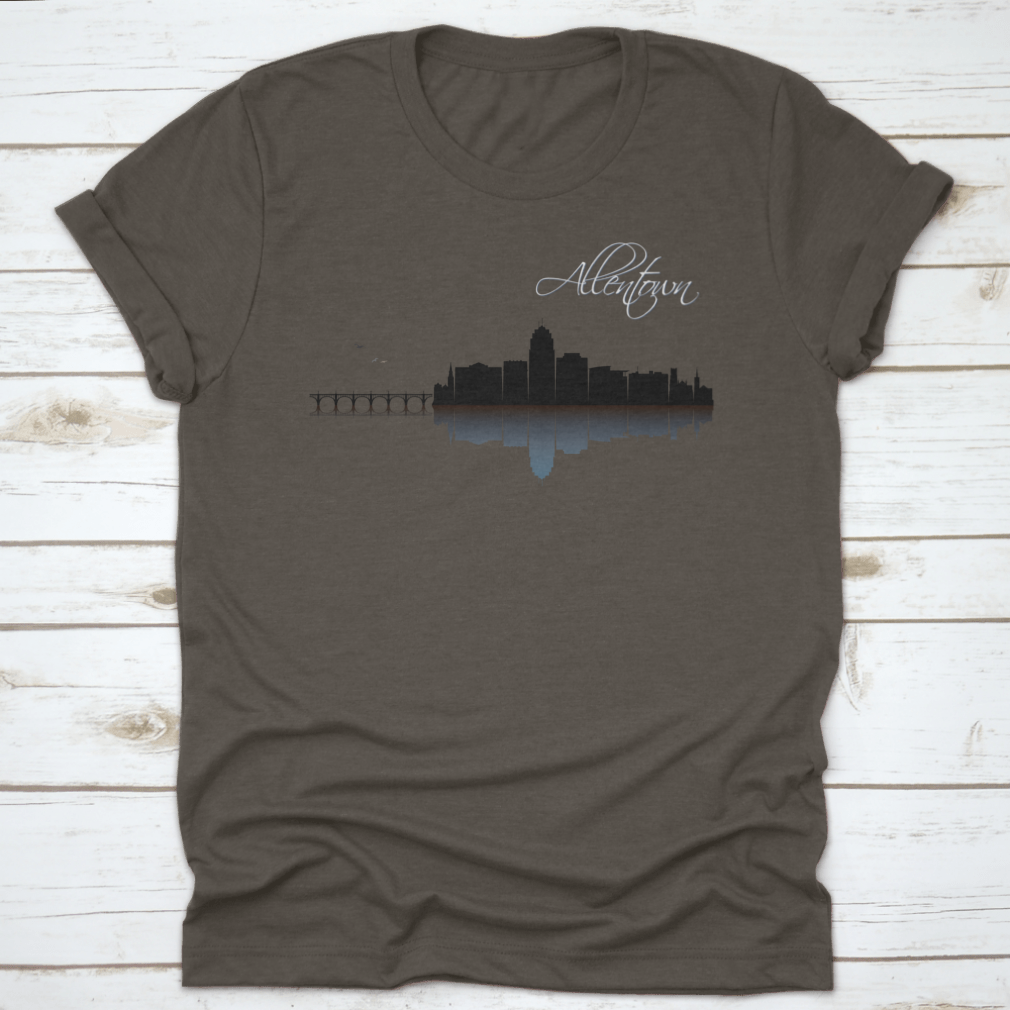 Allentown Skyline t-shirt featuring a classic fit and midweight fabric, showcasing the beautiful skyline of Allentown, Pennsylvania.