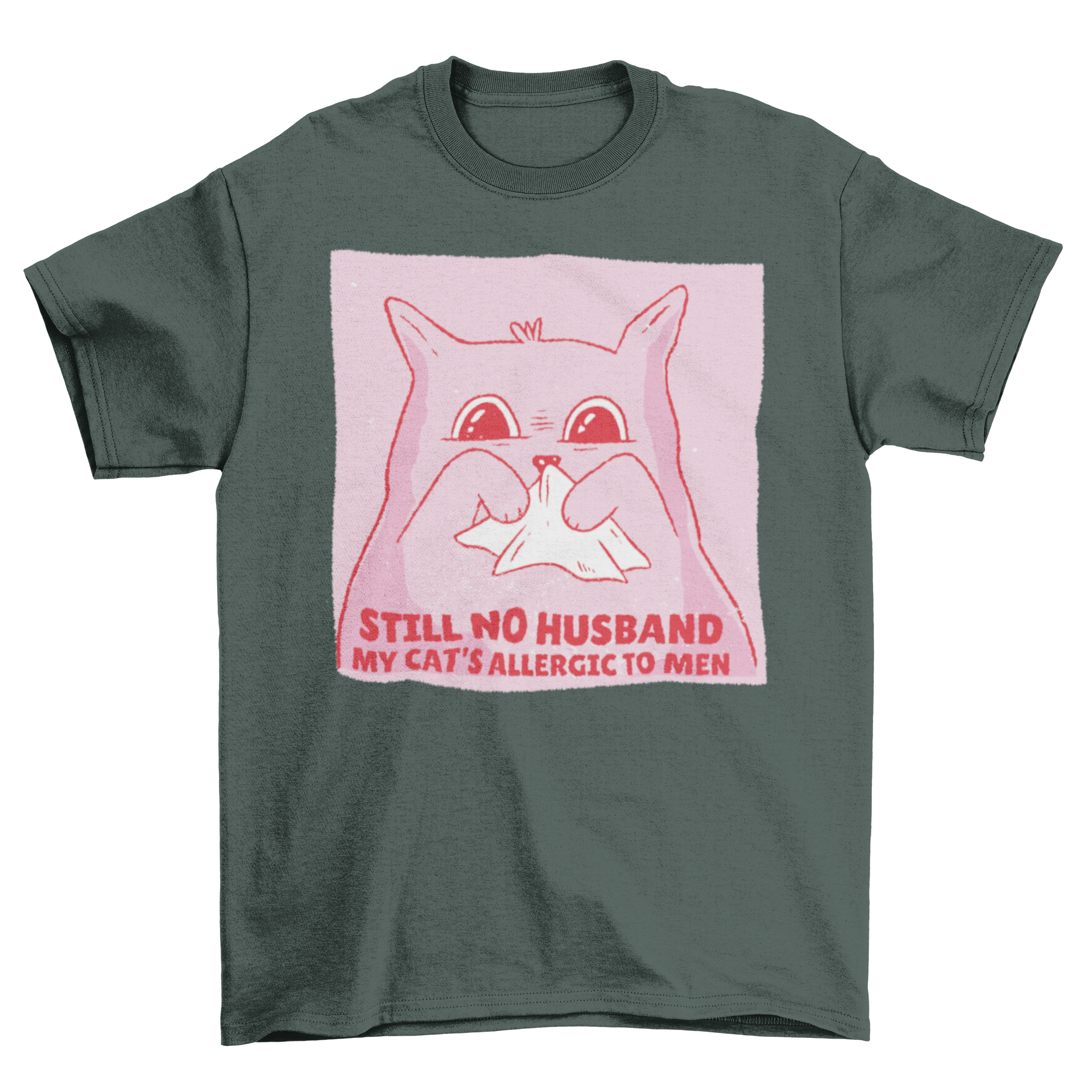 A humorous t-shirt featuring an allergic cat with the quote about cats and men, perfect for cat lovers.