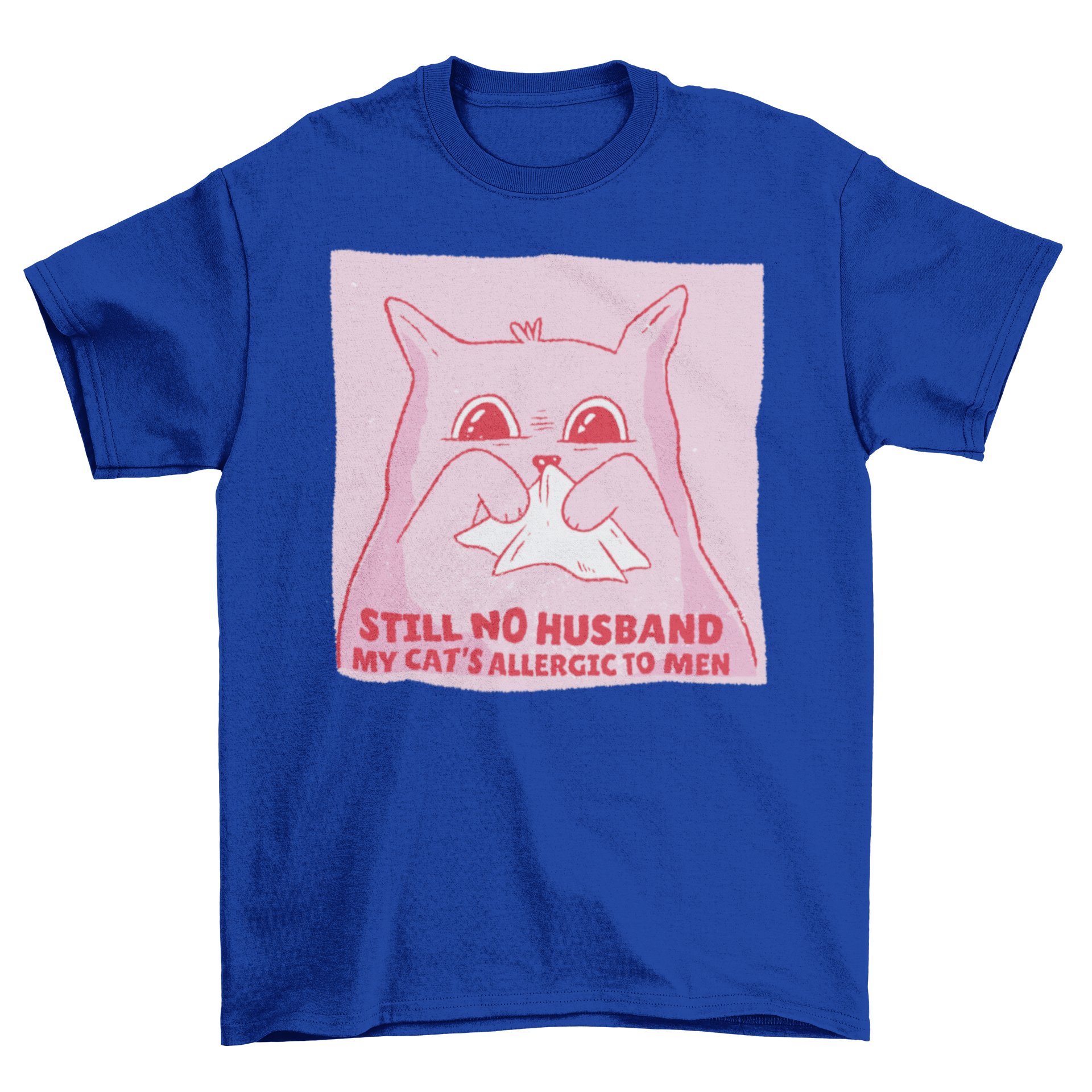 A humorous t-shirt featuring an allergic cat with the quote about cats and men, perfect for cat lovers.