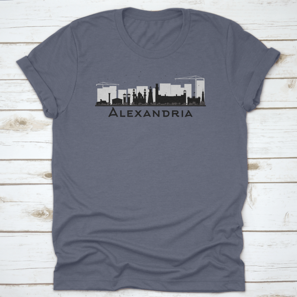 Black and white silhouette of Alexandria City Skyline, showcasing iconic buildings and structures in a stylish vector design.