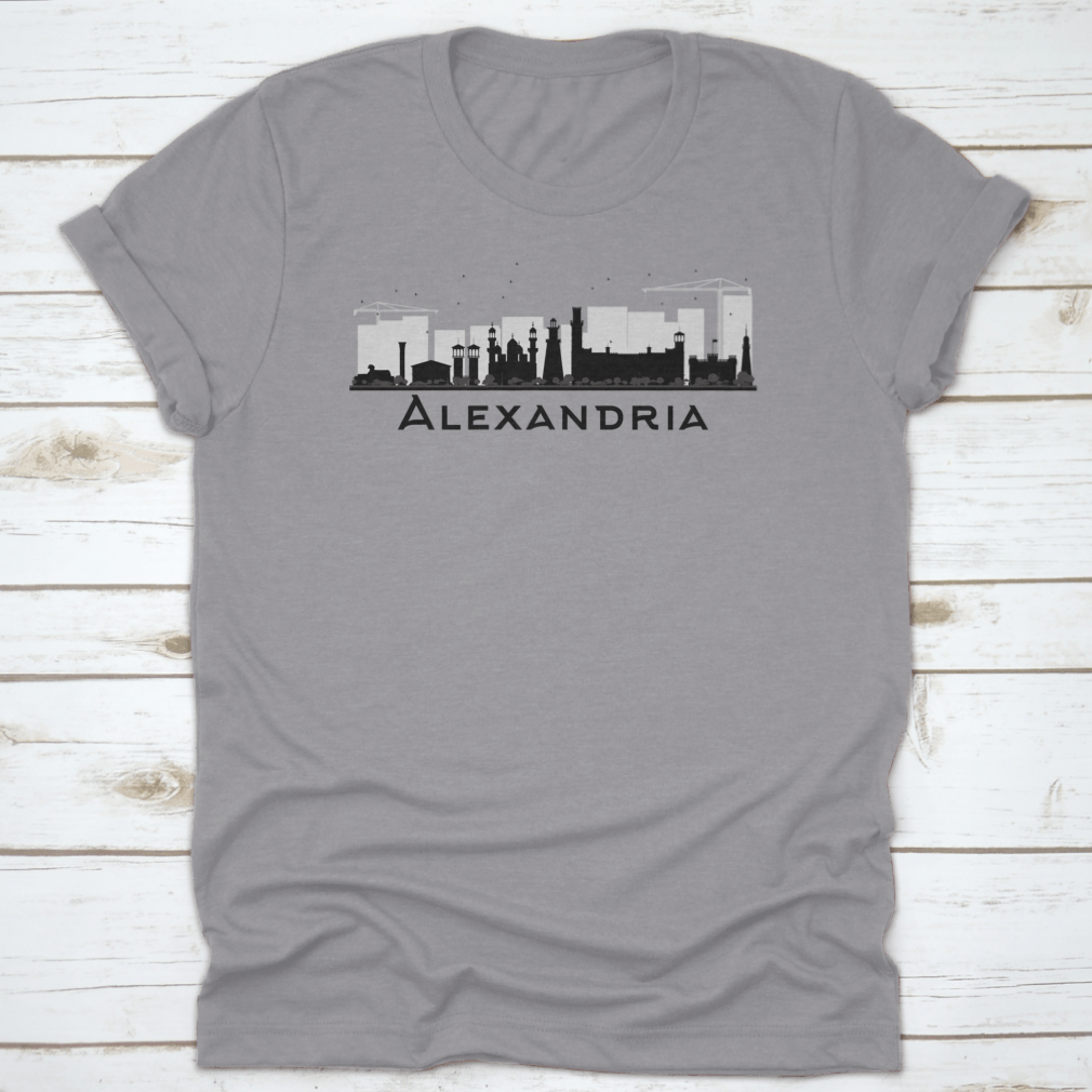 Black and white silhouette of Alexandria City Skyline, showcasing iconic buildings and structures in a stylish vector design.