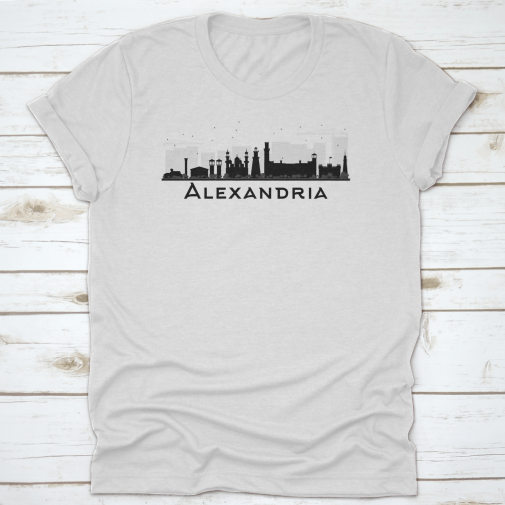 Black and white silhouette of Alexandria City Skyline, showcasing iconic buildings and structures in a stylish vector design.