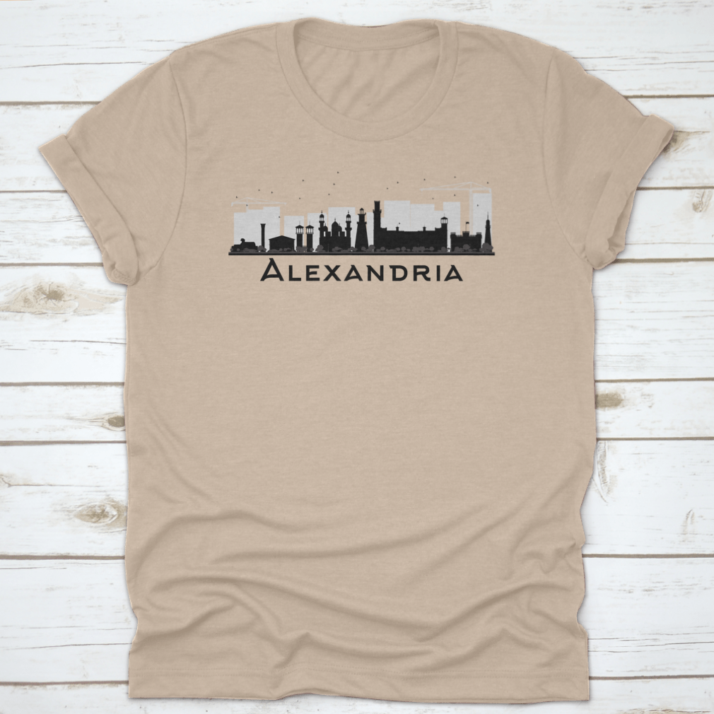 Black and white silhouette of Alexandria City Skyline, showcasing iconic buildings and structures in a stylish vector design.