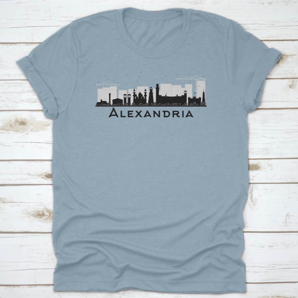 Black and white silhouette of Alexandria City Skyline, showcasing iconic buildings and structures in a stylish vector design.