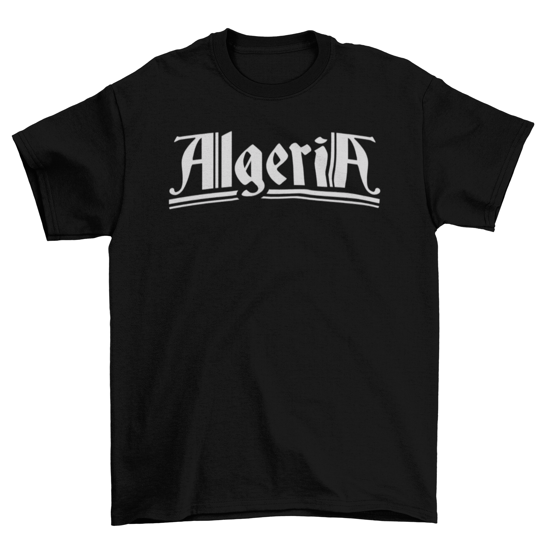 A stylish t-shirt featuring the quote 'Algeria' in bold letters, perfect for casual wear.