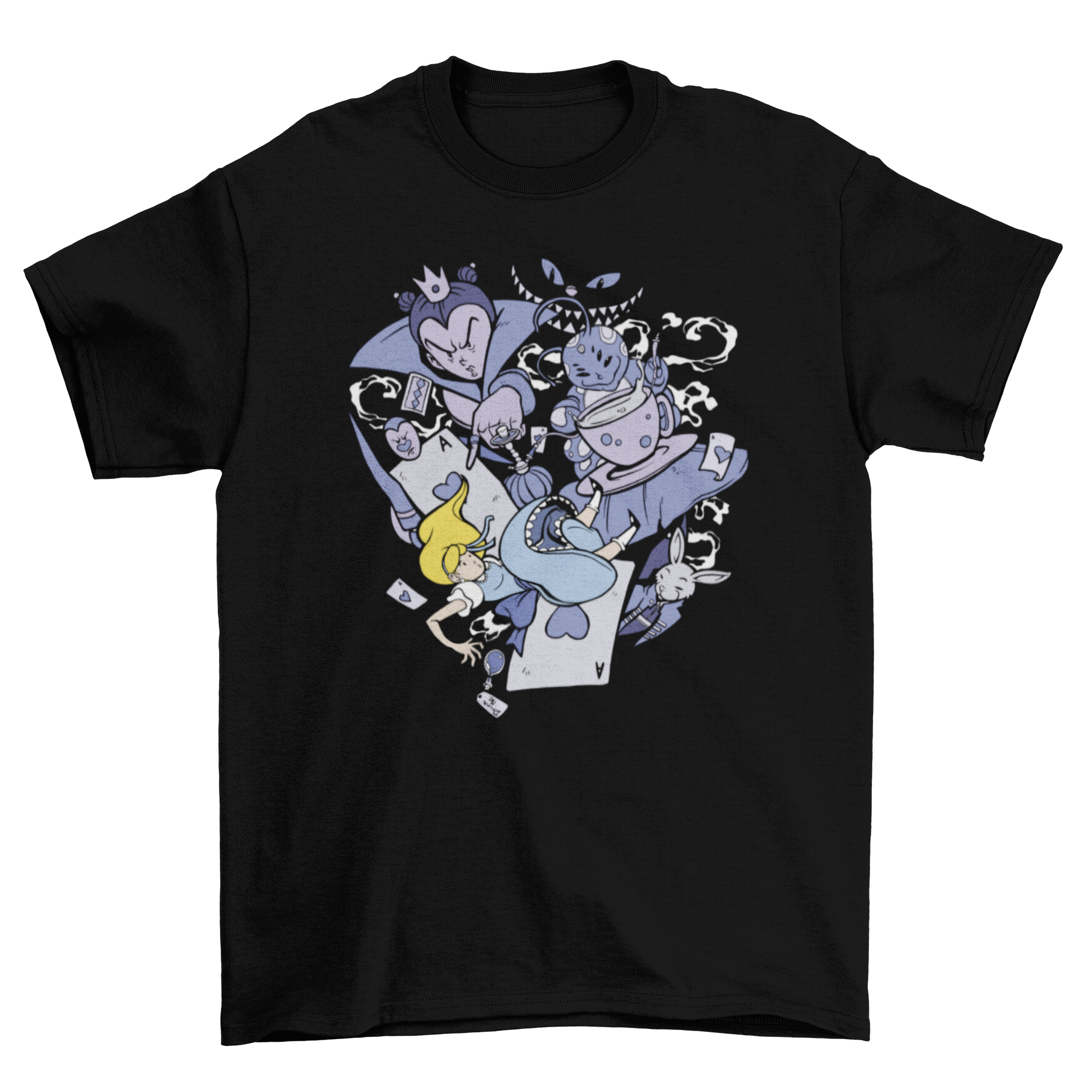 Alice in Wonderland t-shirt featuring a colorful cartoon design of Alice surrounded by whimsical elements.