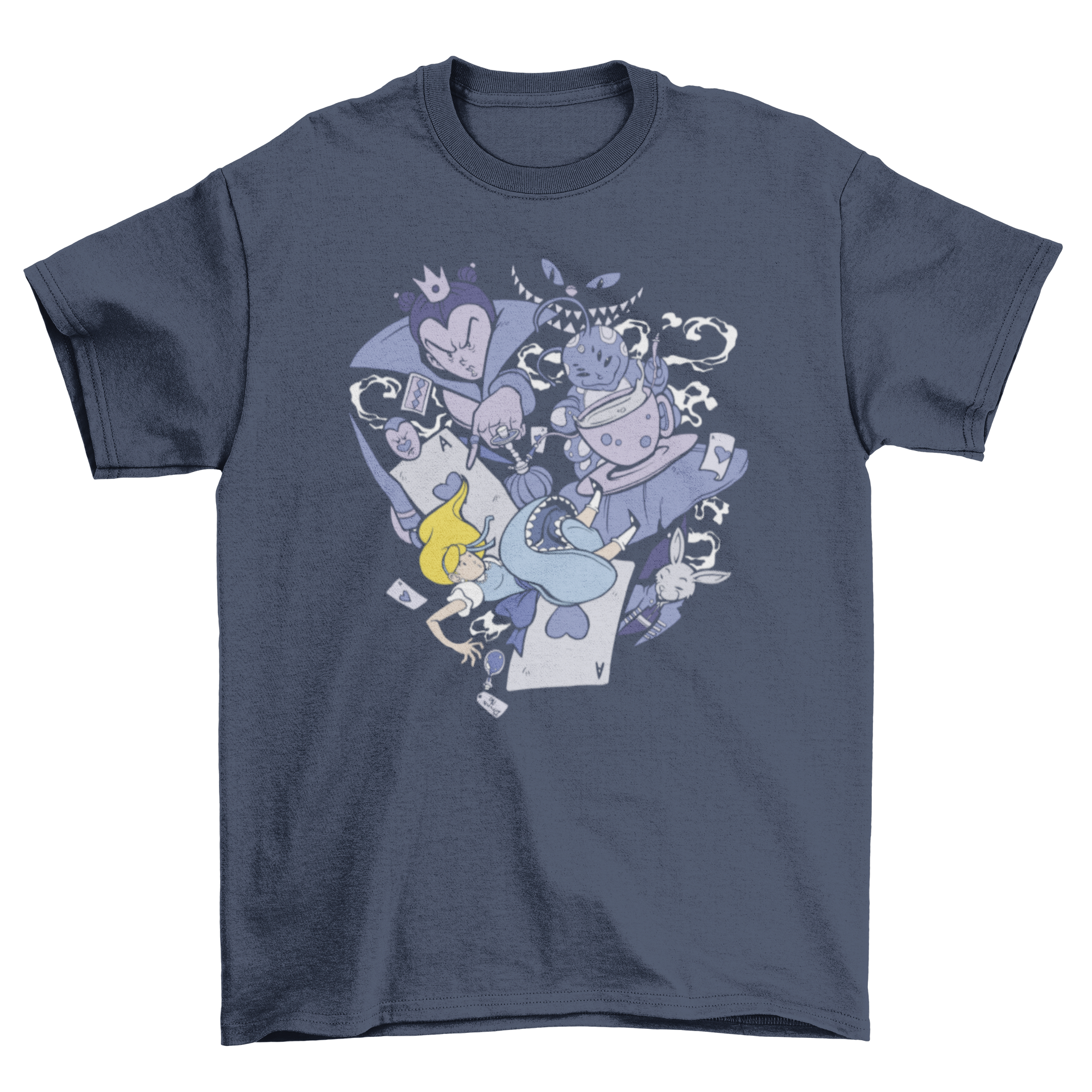 Alice in Wonderland t-shirt featuring a colorful cartoon design of Alice surrounded by whimsical elements.