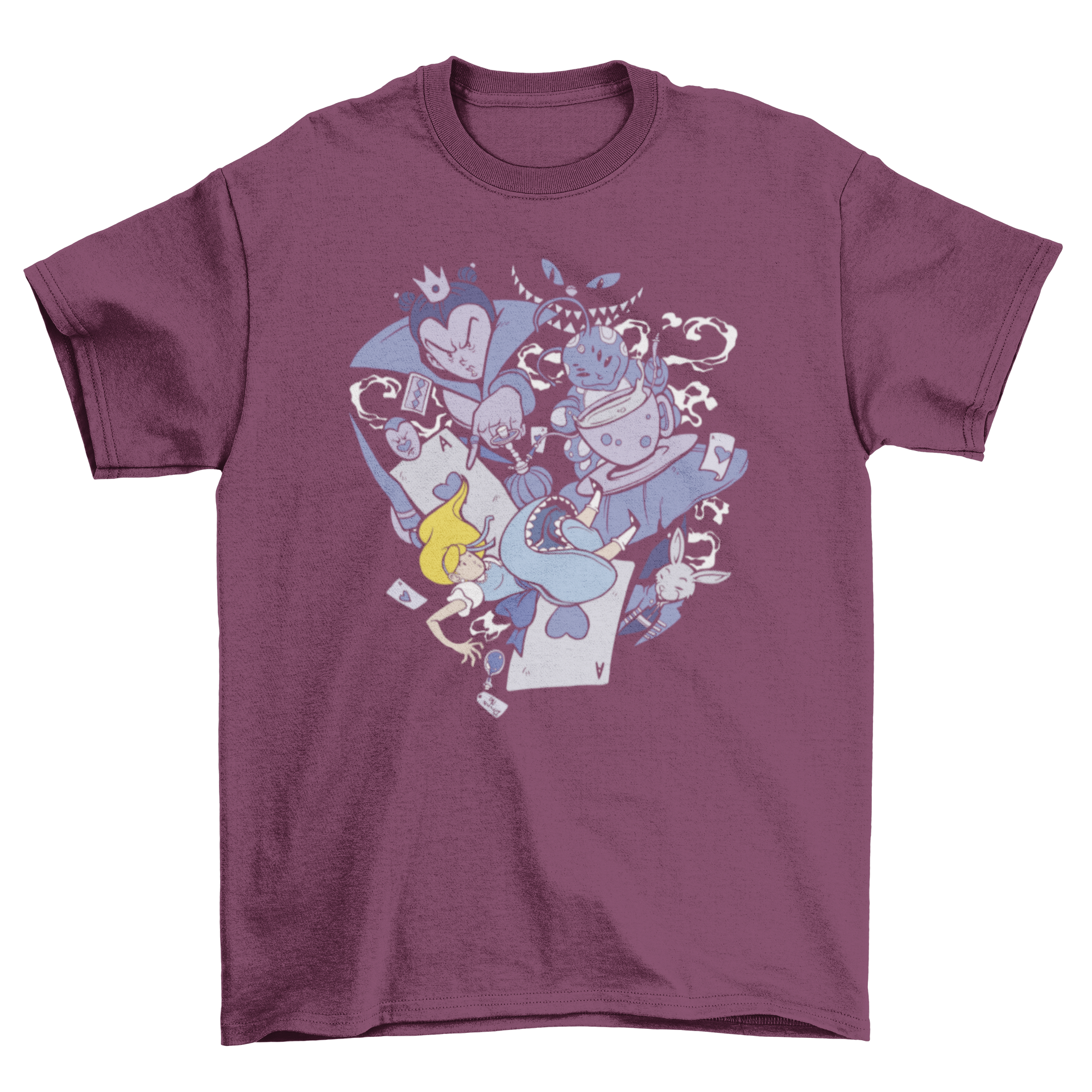 Alice in Wonderland t-shirt featuring a colorful cartoon design of Alice surrounded by whimsical elements.