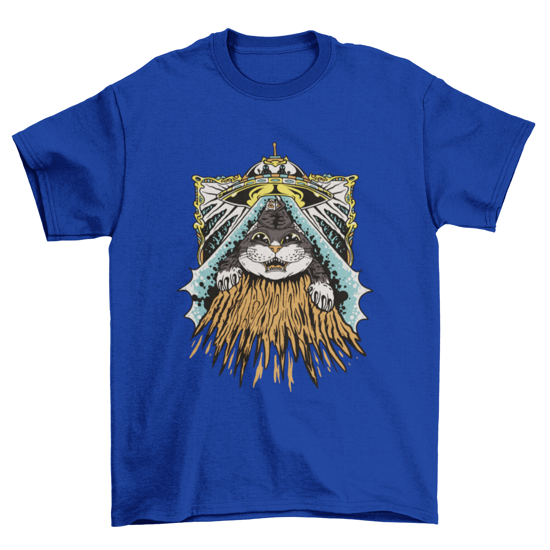 A playful t-shirt featuring a whimsical design of a cat being abducted by aliens, showcasing vibrant colors and a fun illustration.