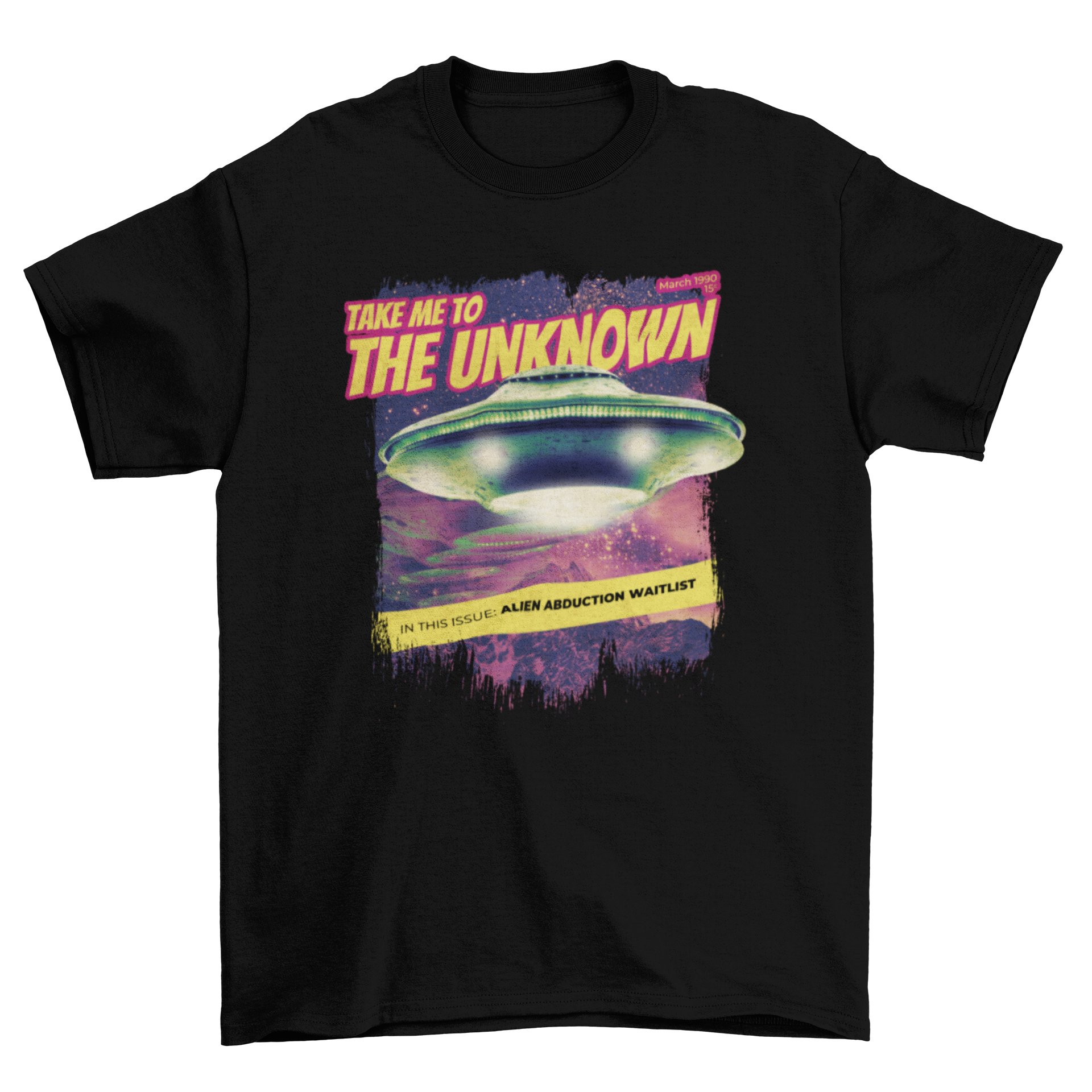 Alien Abduction Magazine PSD T-Shirt featuring a UFO design and quotes about alien abduction.