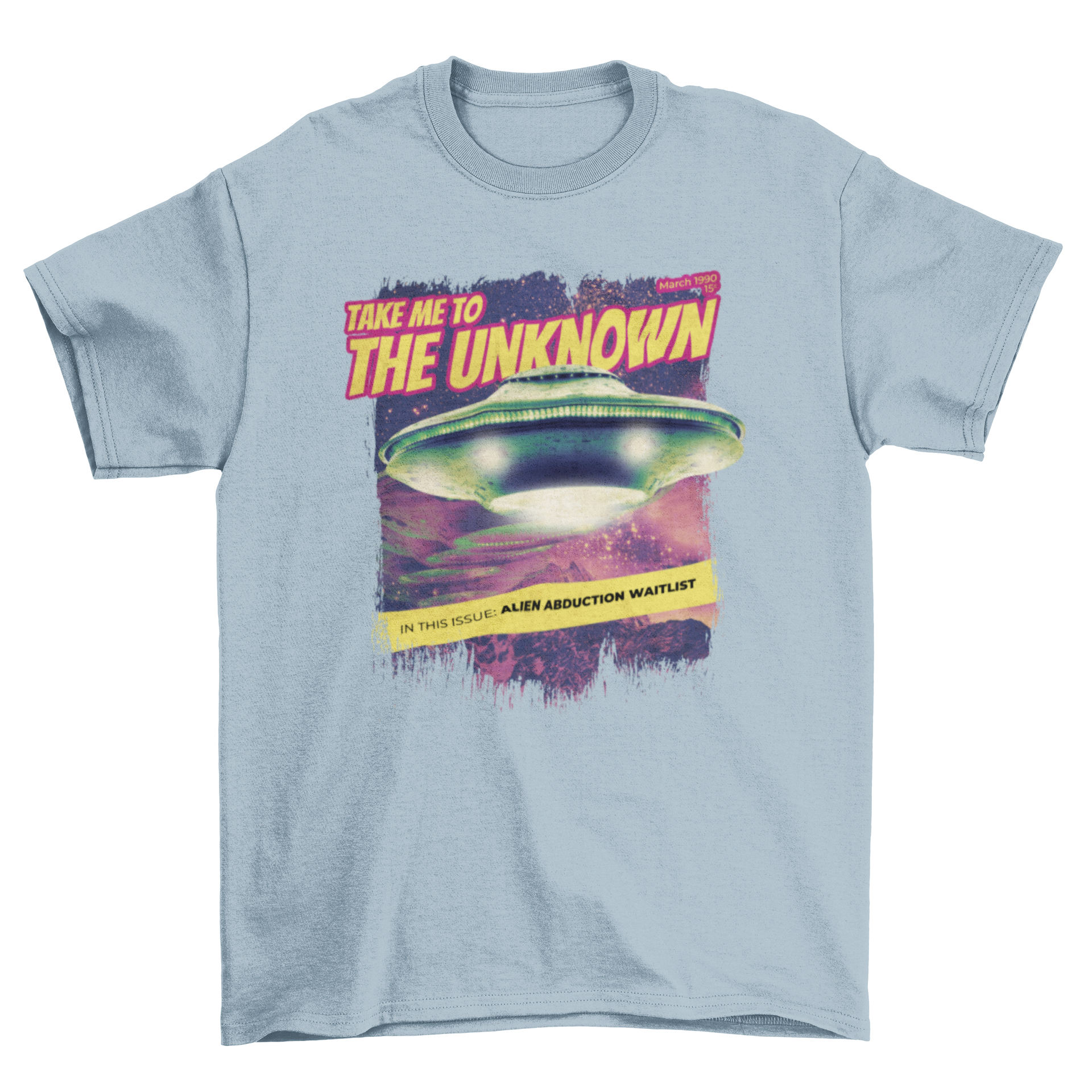 Alien Abduction Magazine PSD T-Shirt featuring a UFO design and quotes about alien abduction.