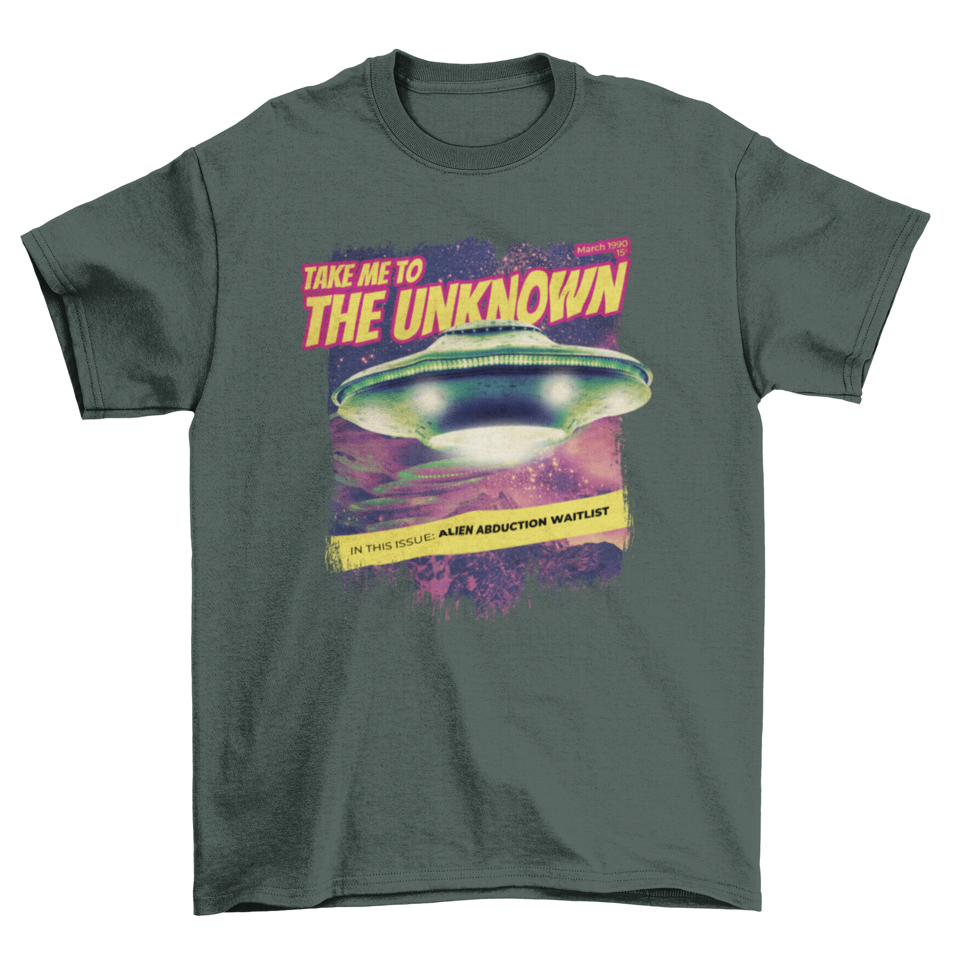 Alien Abduction Magazine PSD T-Shirt featuring a UFO design and quotes about alien abduction.