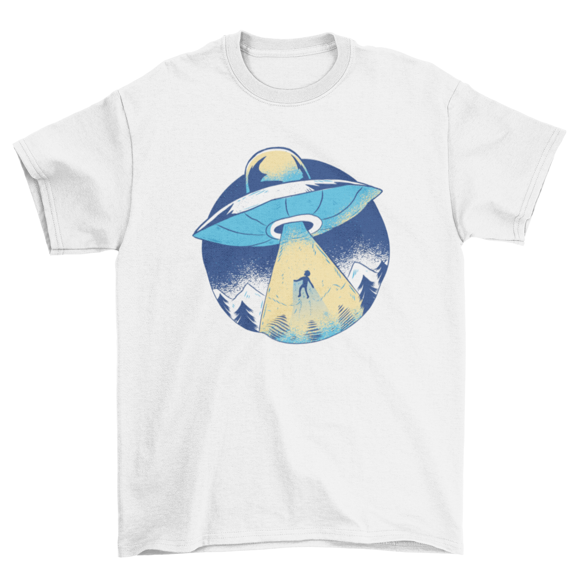 Alien abduction cartoon t-shirt with a UFO and light beam design in blue color scheme.