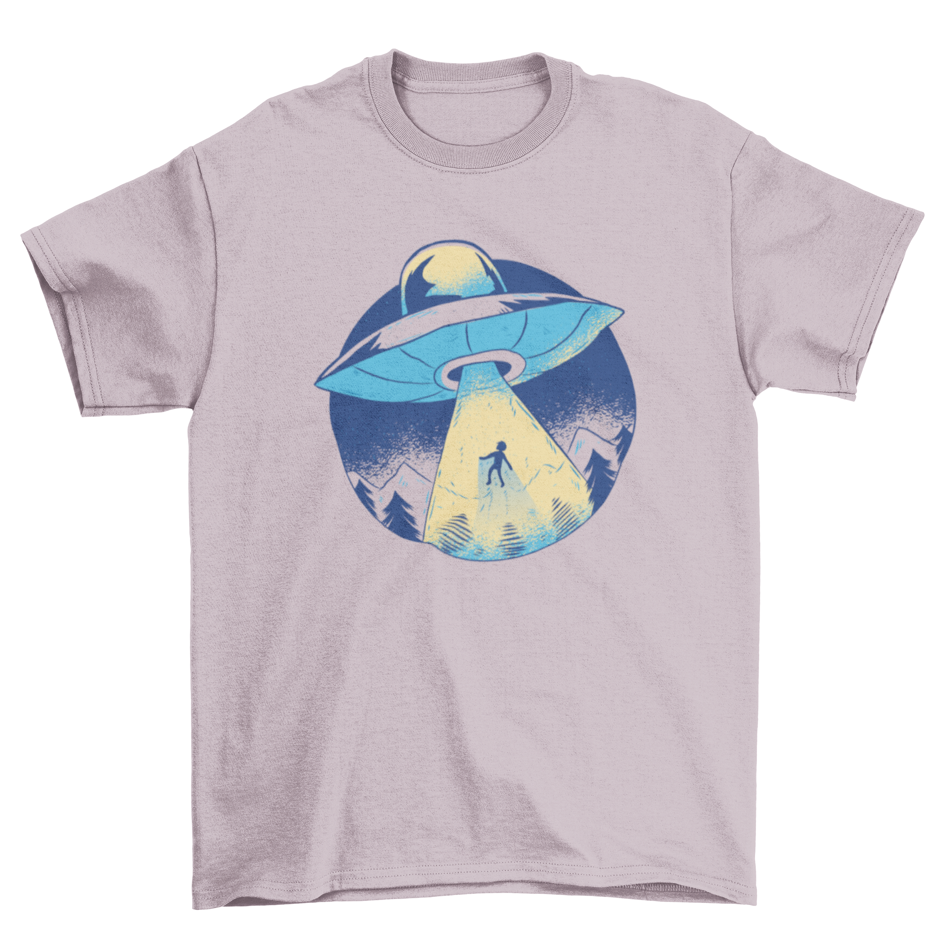 Alien abduction cartoon t-shirt with a UFO and light beam design in blue color scheme.