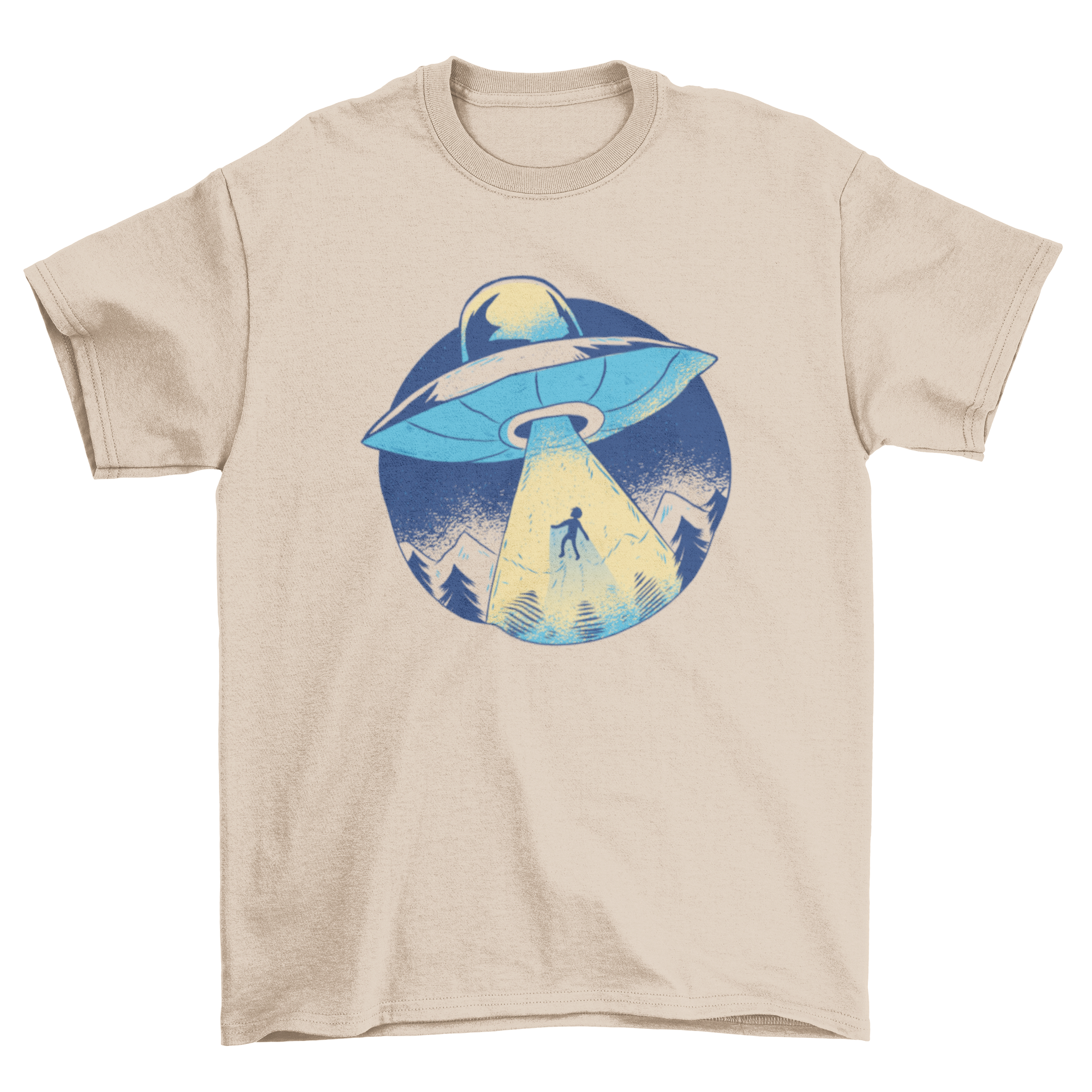 Alien abduction cartoon t-shirt with a UFO and light beam design in blue color scheme.