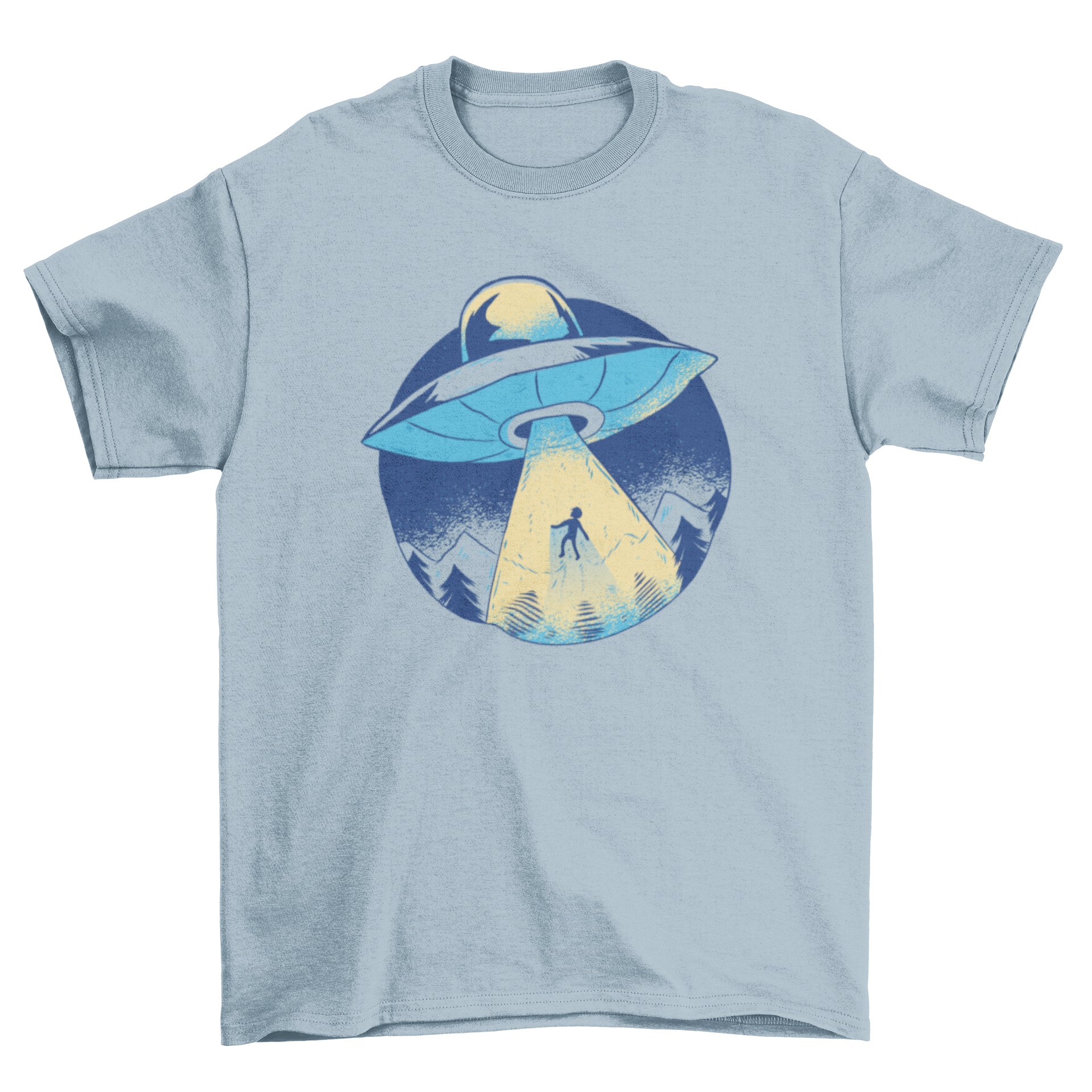 Alien abduction cartoon t-shirt with a UFO and light beam design in blue color scheme.