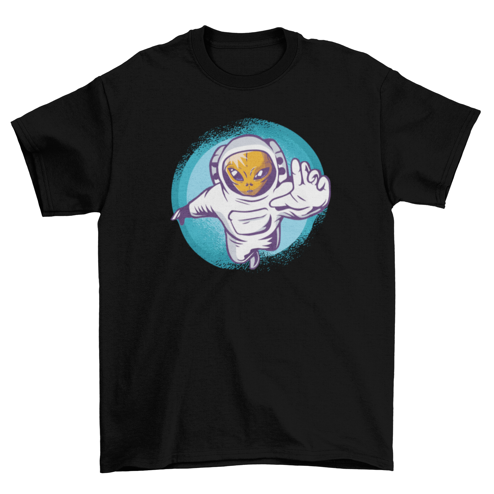 A vibrant Alien Astronaut T-shirt featuring an alien in an astronaut suit floating in outer space, showcasing a colorful and imaginative design.