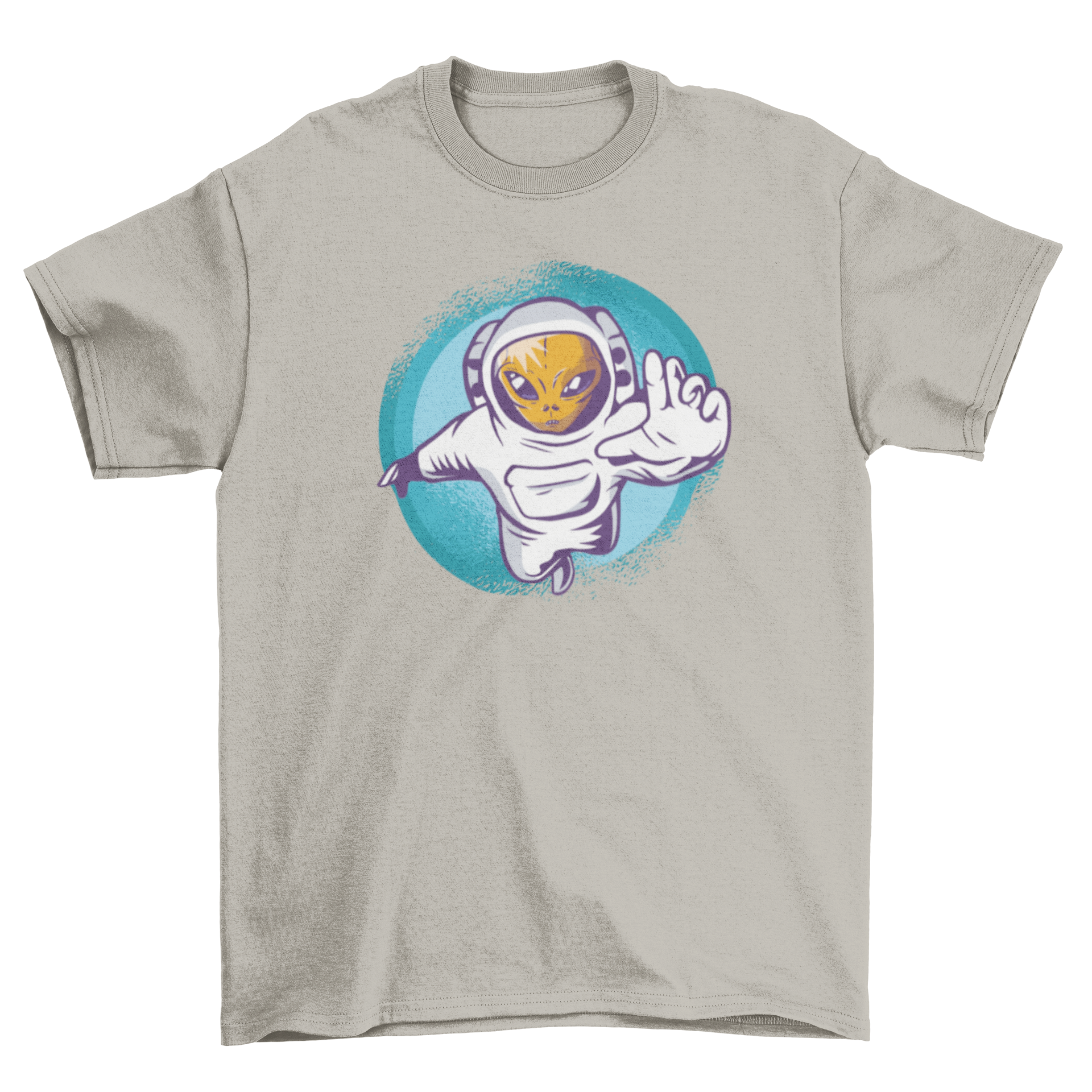 A vibrant Alien Astronaut T-shirt featuring an alien in an astronaut suit floating in outer space, showcasing a colorful and imaginative design.