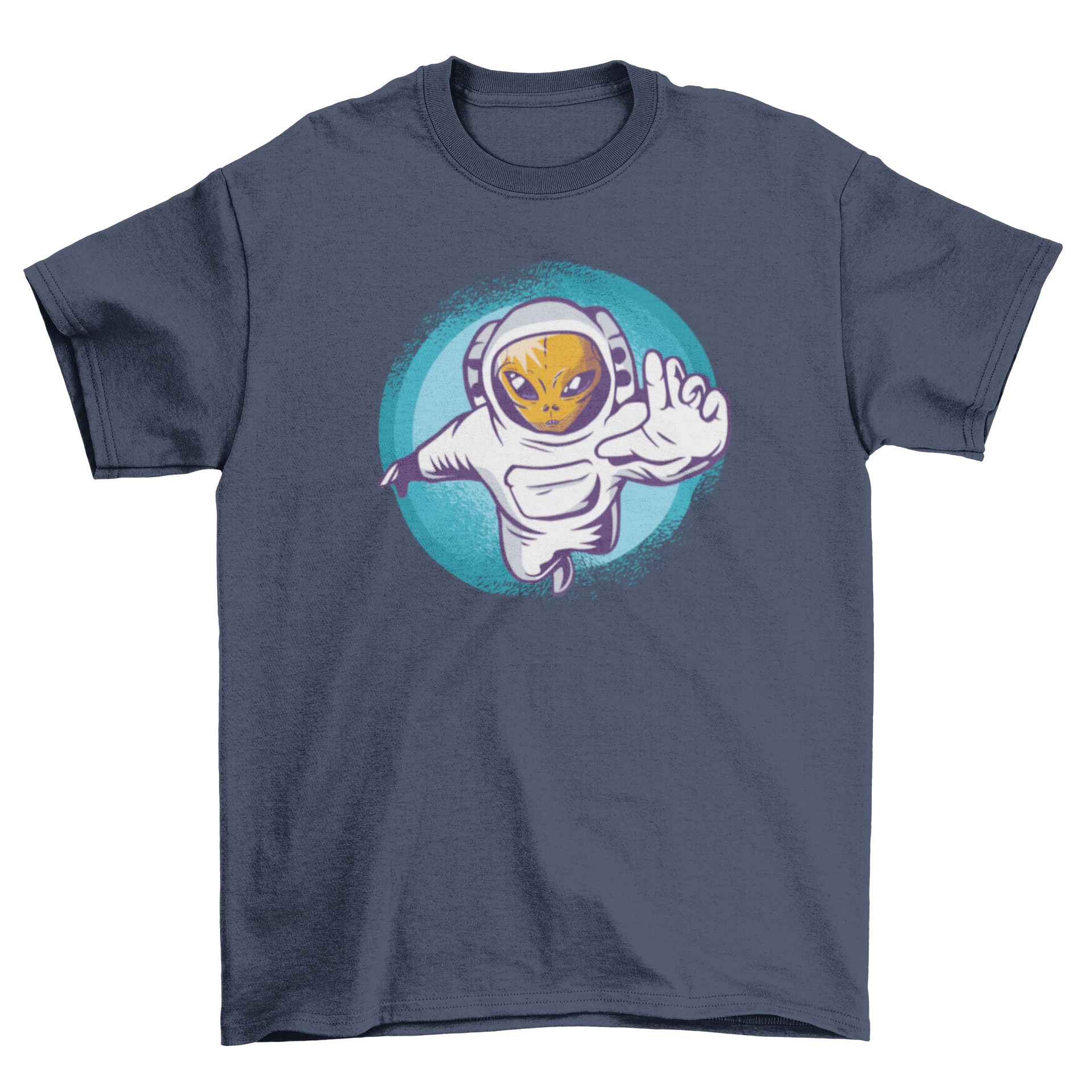 A vibrant Alien Astronaut T-shirt featuring an alien in an astronaut suit floating in outer space, showcasing a colorful and imaginative design.