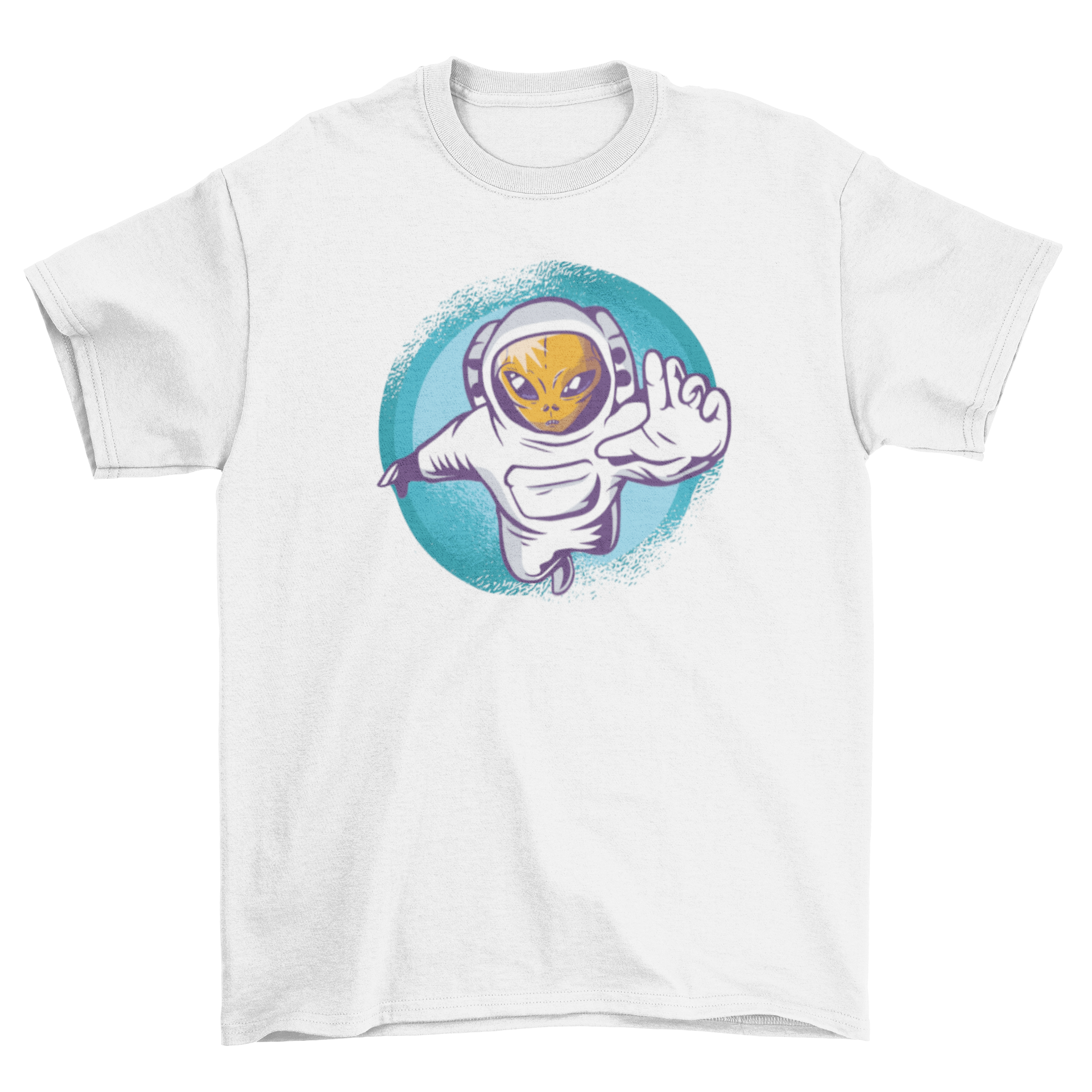 A vibrant Alien Astronaut T-shirt featuring an alien in an astronaut suit floating in outer space, showcasing a colorful and imaginative design.