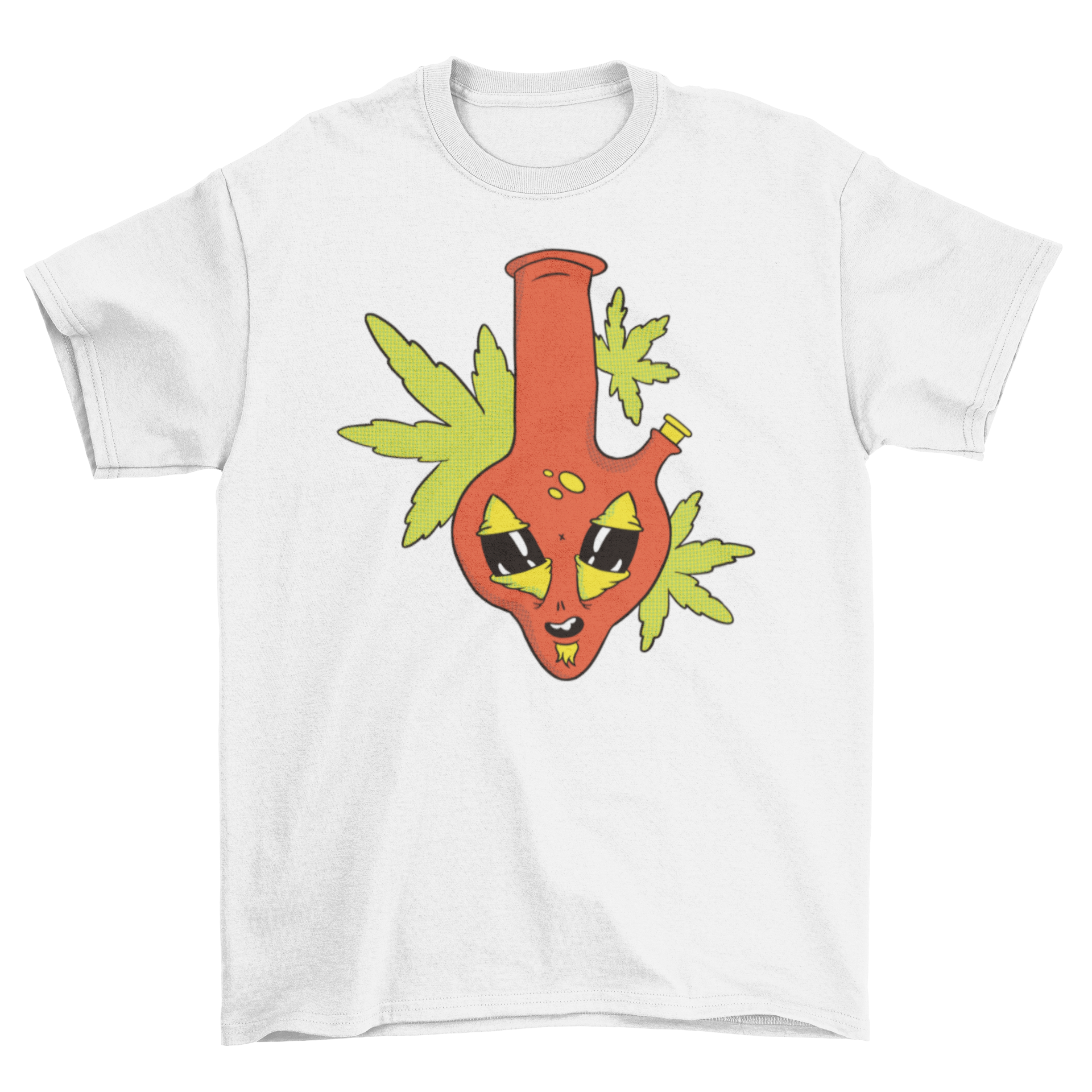 A stylish t-shirt featuring a colorful illustration of a bong with an alien face, perfect for casual wear.