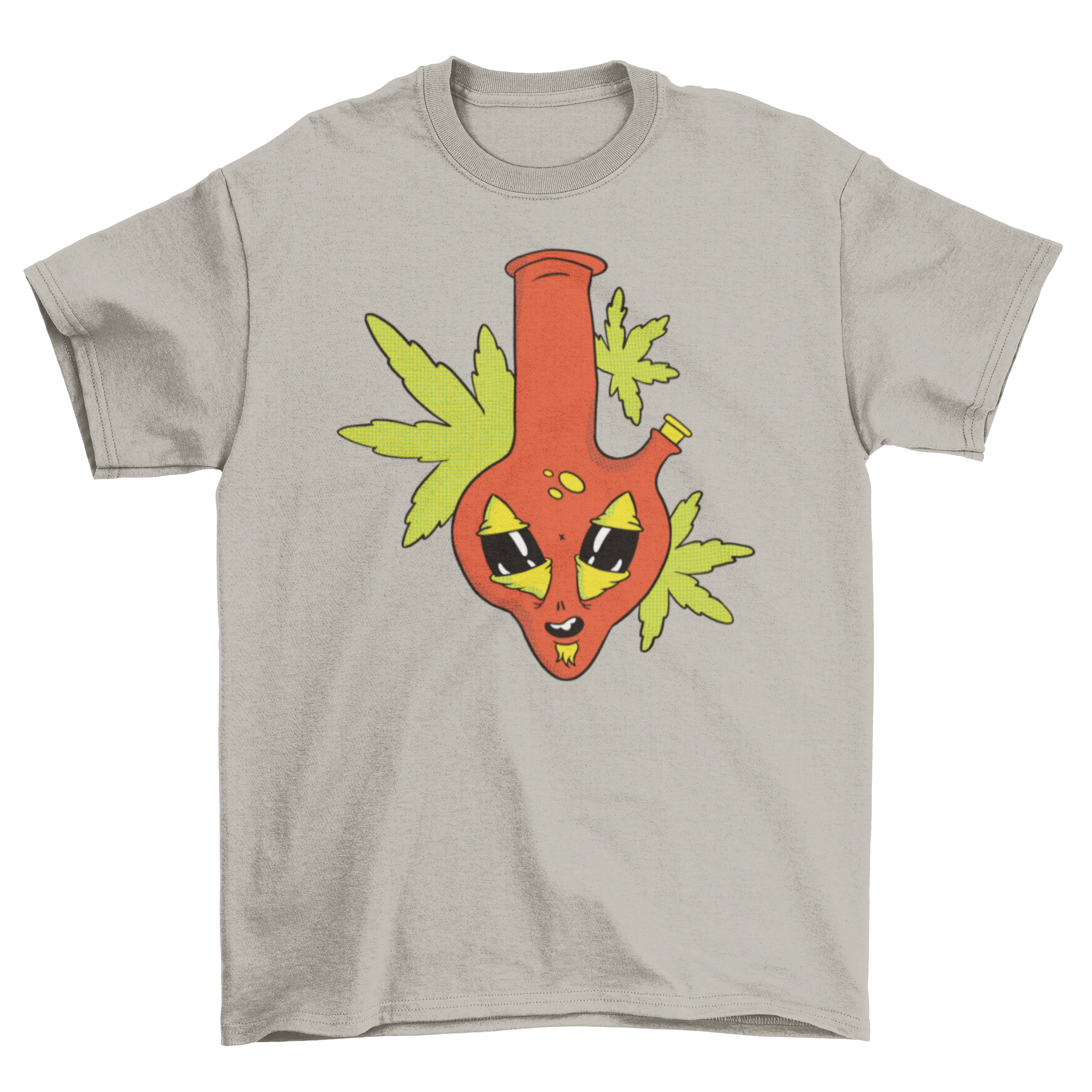 A stylish t-shirt featuring a colorful illustration of a bong with an alien face, perfect for casual wear.