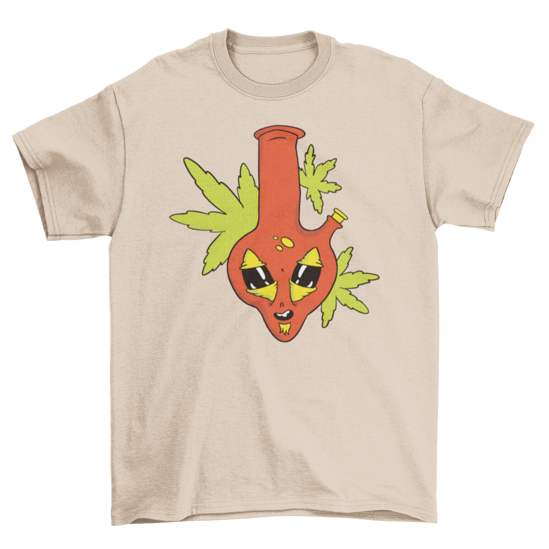 A stylish t-shirt featuring a colorful illustration of a bong with an alien face, perfect for casual wear.