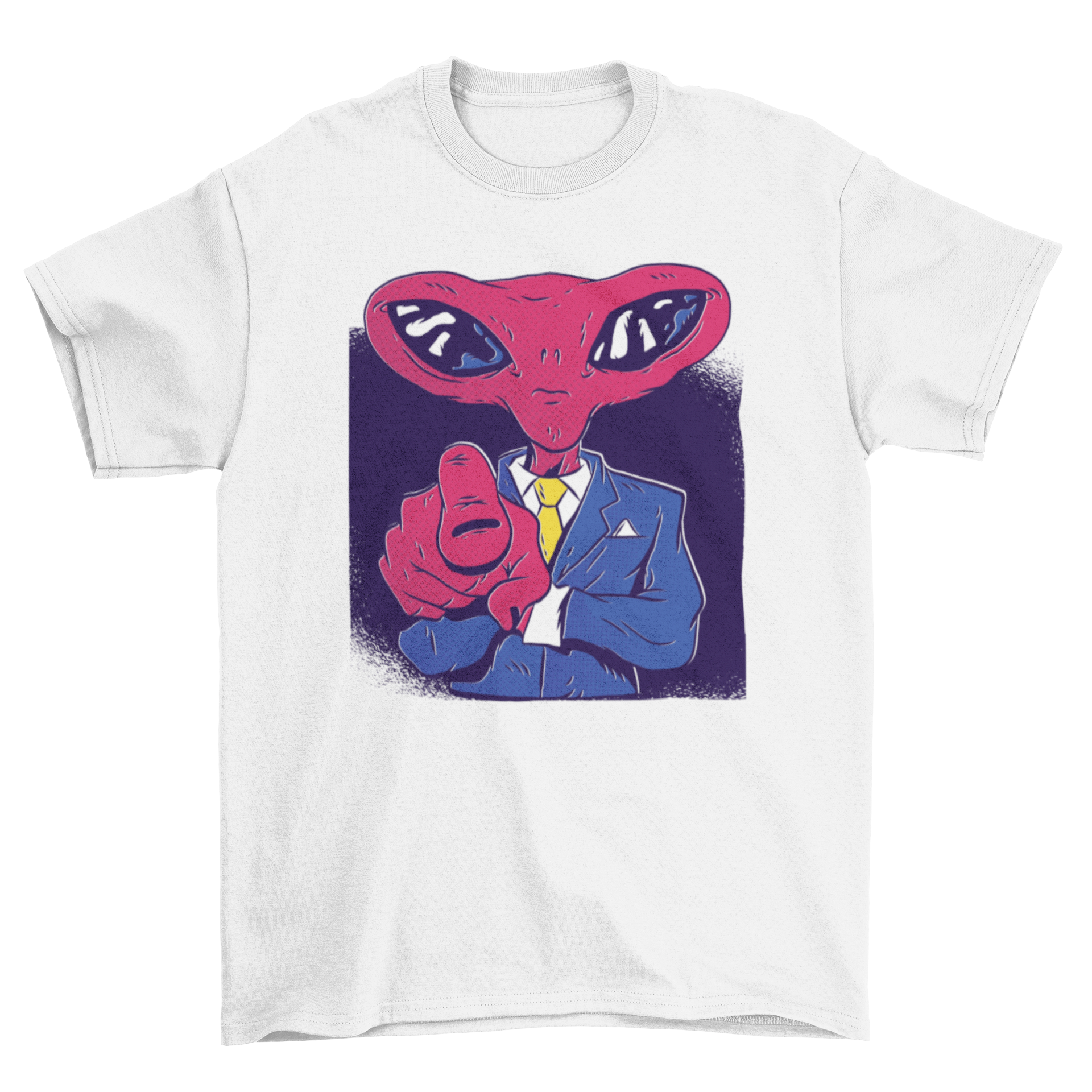 Alien Boss T-Shirt featuring a red alien in a suit and tie pointing at the viewer, showcasing a unique and playful design.