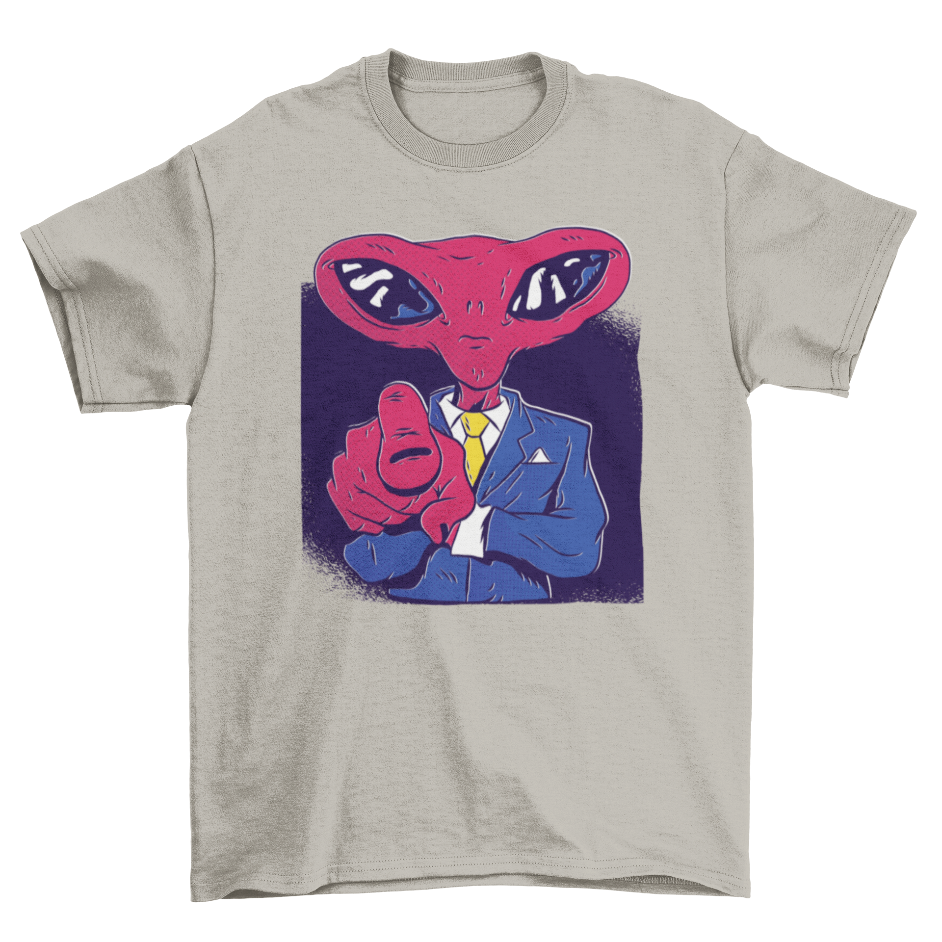 Alien Boss T-Shirt featuring a red alien in a suit and tie pointing at the viewer, showcasing a unique and playful design.