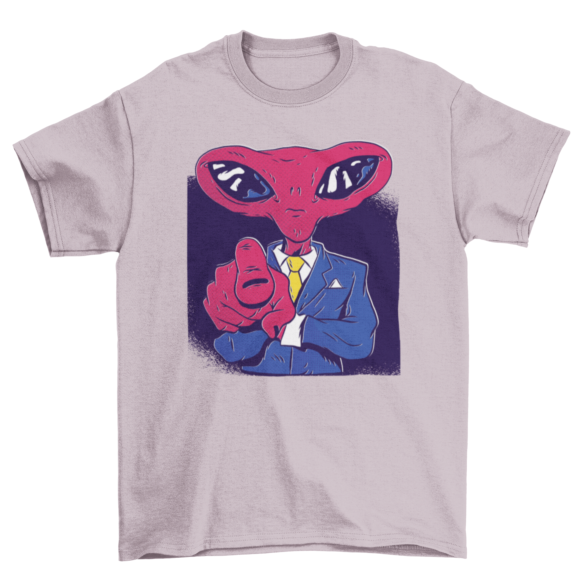 Alien Boss T-Shirt featuring a red alien in a suit and tie pointing at the viewer, showcasing a unique and playful design.