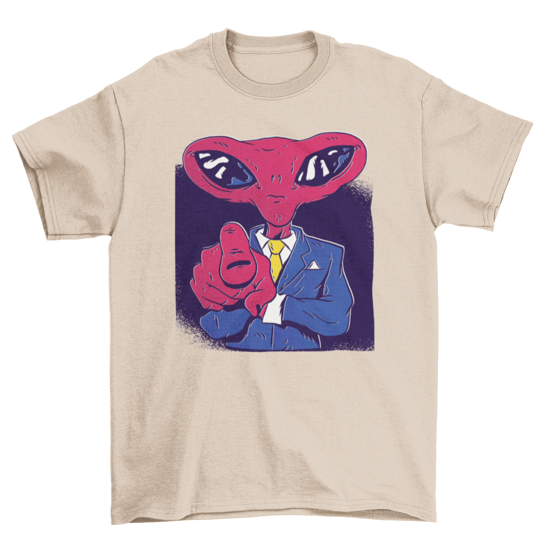 Alien Boss T-Shirt featuring a red alien in a suit and tie pointing at the viewer, showcasing a unique and playful design.