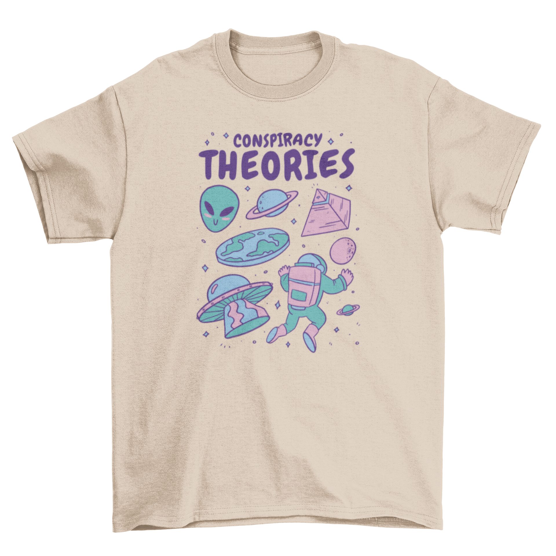 Alien Conspiracy Theories T-shirt featuring space elements and a bold quote.