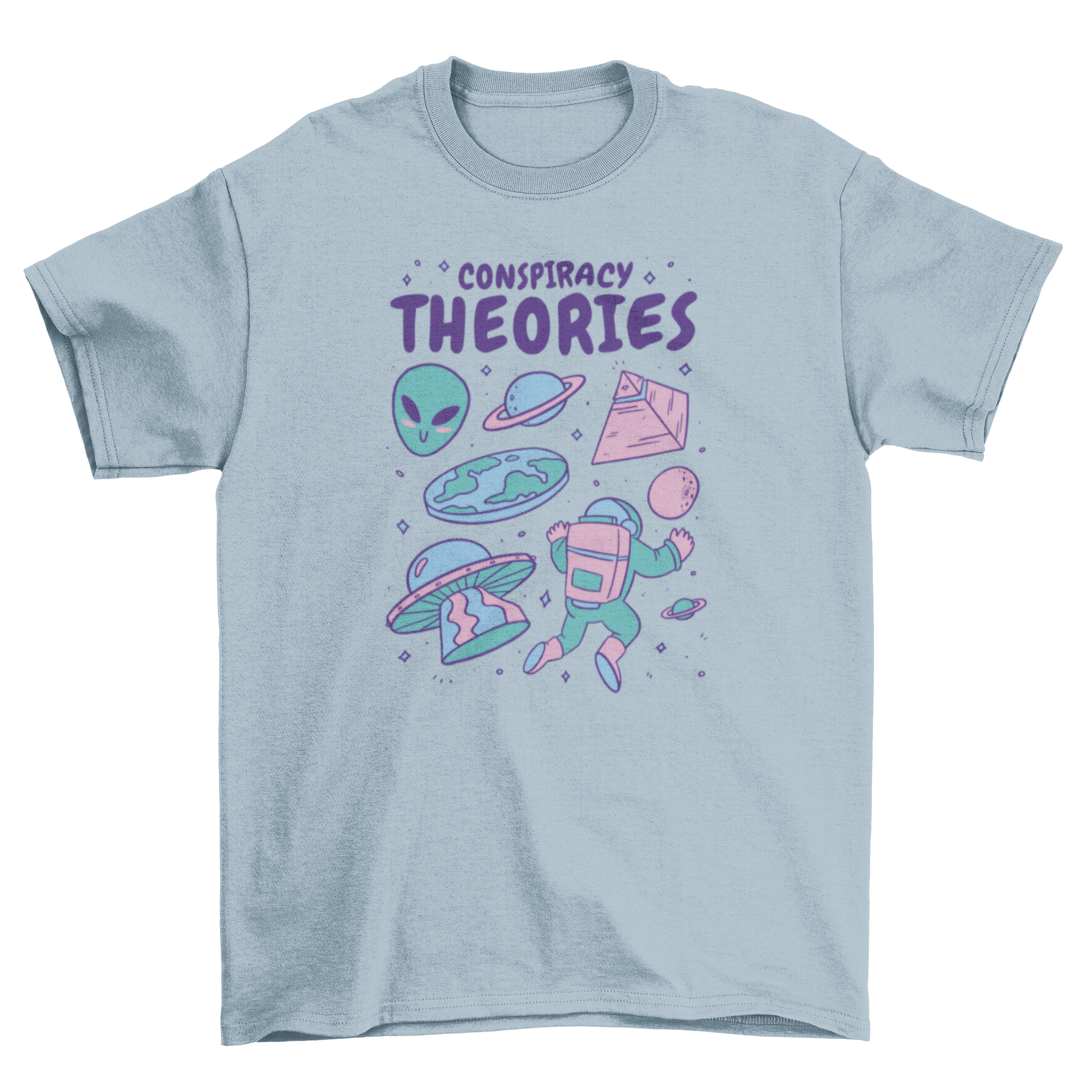 Alien Conspiracy Theories T-shirt featuring space elements and a bold quote.