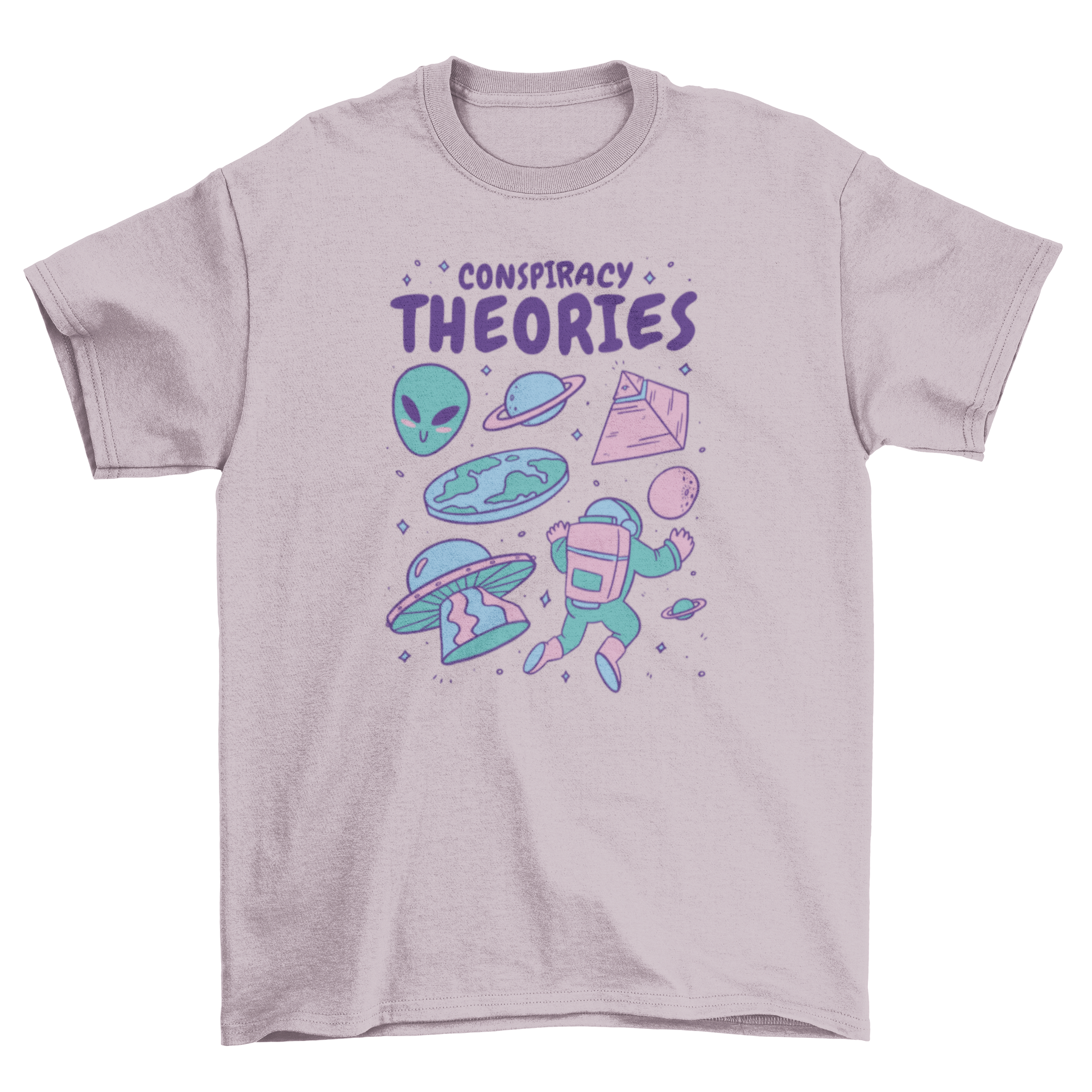 Alien Conspiracy Theories T-shirt featuring space elements and a bold quote.