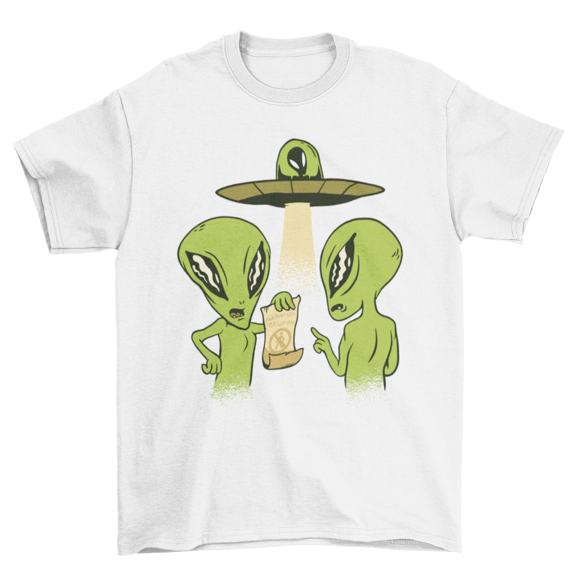 A humorous t-shirt featuring a cartoon illustration of aliens fighting over a no-abduction contract, showcasing vibrant colors and playful design.