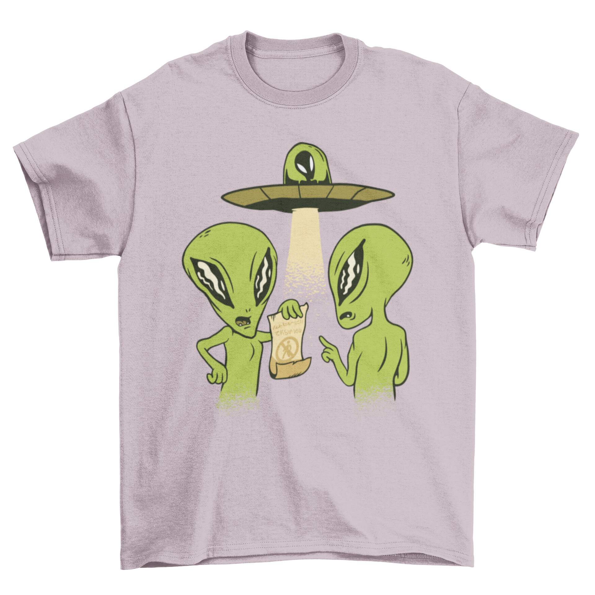 A humorous t-shirt featuring a cartoon illustration of aliens fighting over a no-abduction contract, showcasing vibrant colors and playful design.