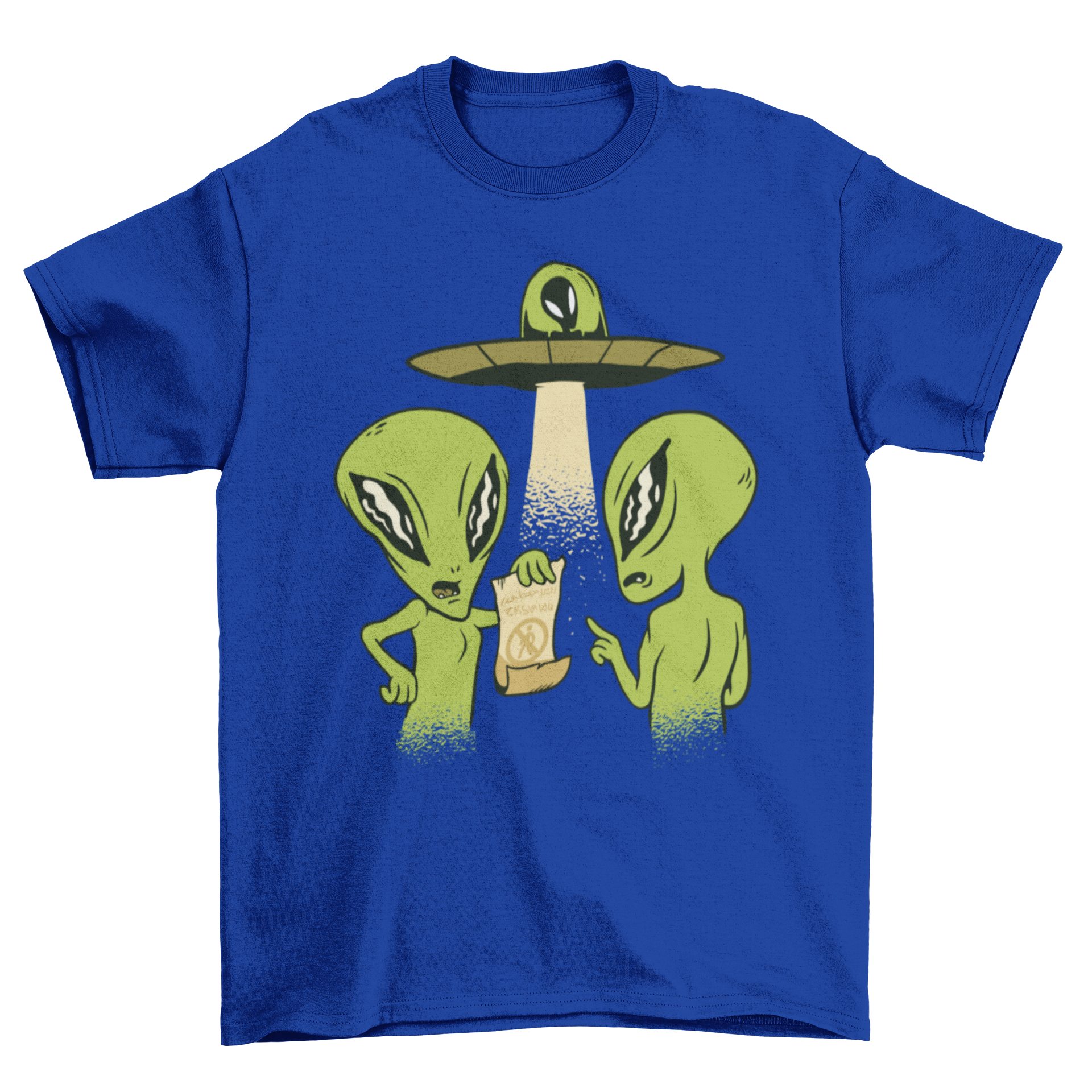 A humorous t-shirt featuring a cartoon illustration of aliens fighting over a no-abduction contract, showcasing vibrant colors and playful design.