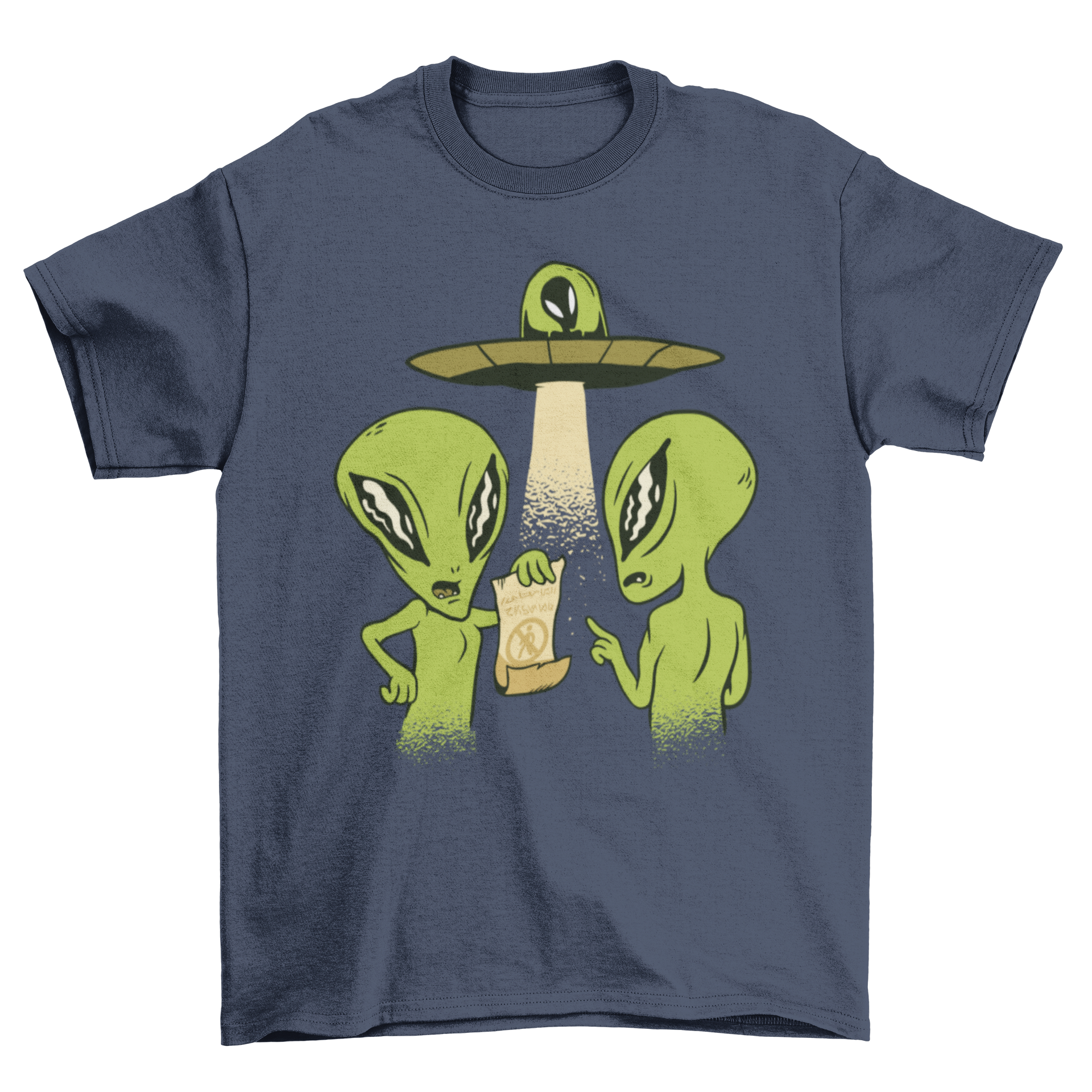 A humorous t-shirt featuring a cartoon illustration of aliens fighting over a no-abduction contract, showcasing vibrant colors and playful design.